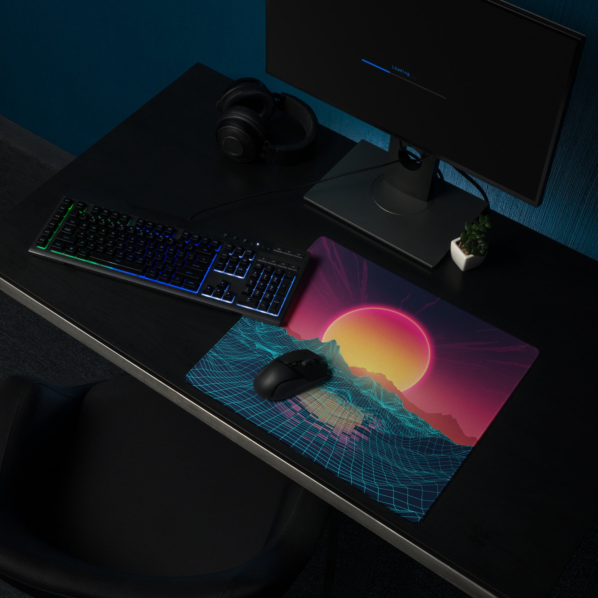 Neon Sunset Landscape Desk Pad - Neon Sunset Landscape Purple Pink Desk Vaporwave Modern Tech Decor Esports Digital Art