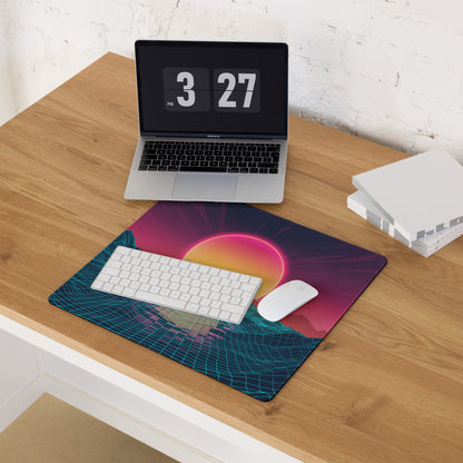 Neon Sunset Landscape Desk Pad - Neon Sunset Landscape Purple Pink Desk Vaporwave Modern Tech Decor Esports Digital Art