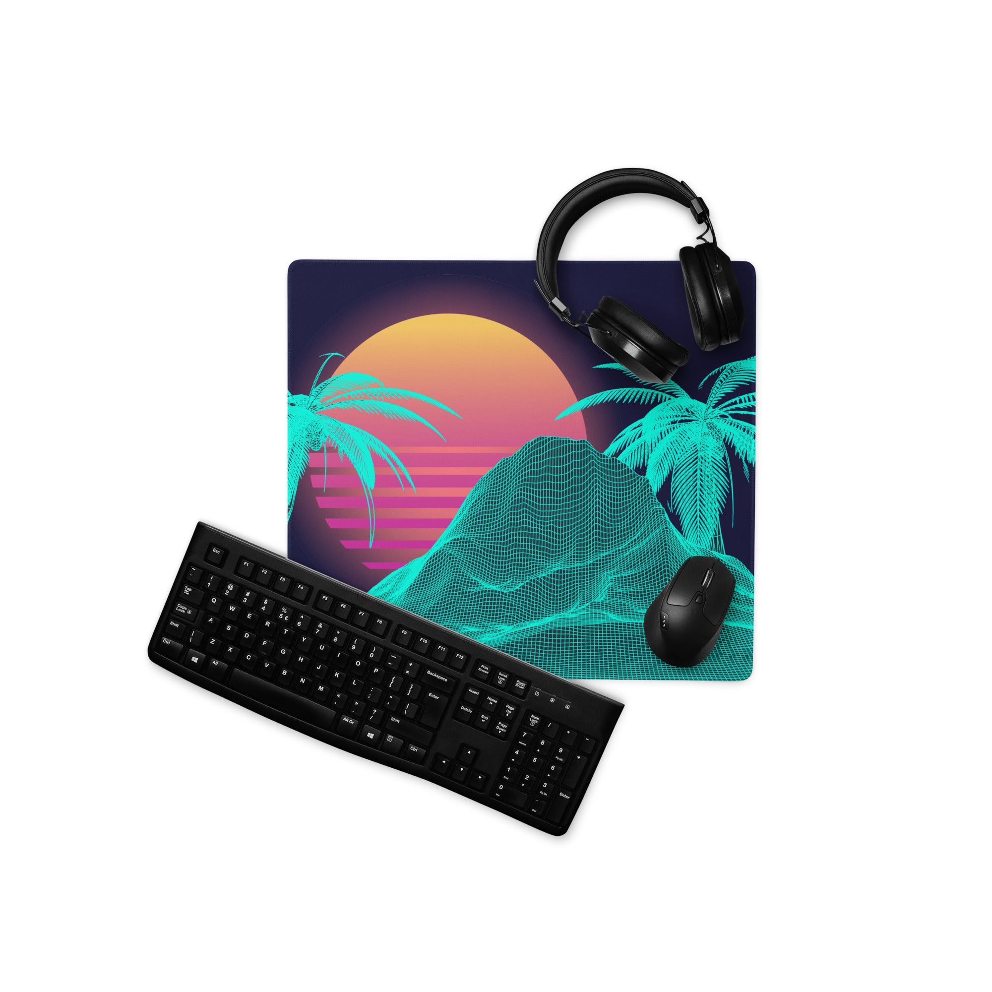 Neon Palm Vaporwave Desk Mat - Palm Trees Sunset Neon Turquoise Desk Mat Gaming Synthwave Retro Mood Vaporwave Desk Accessory