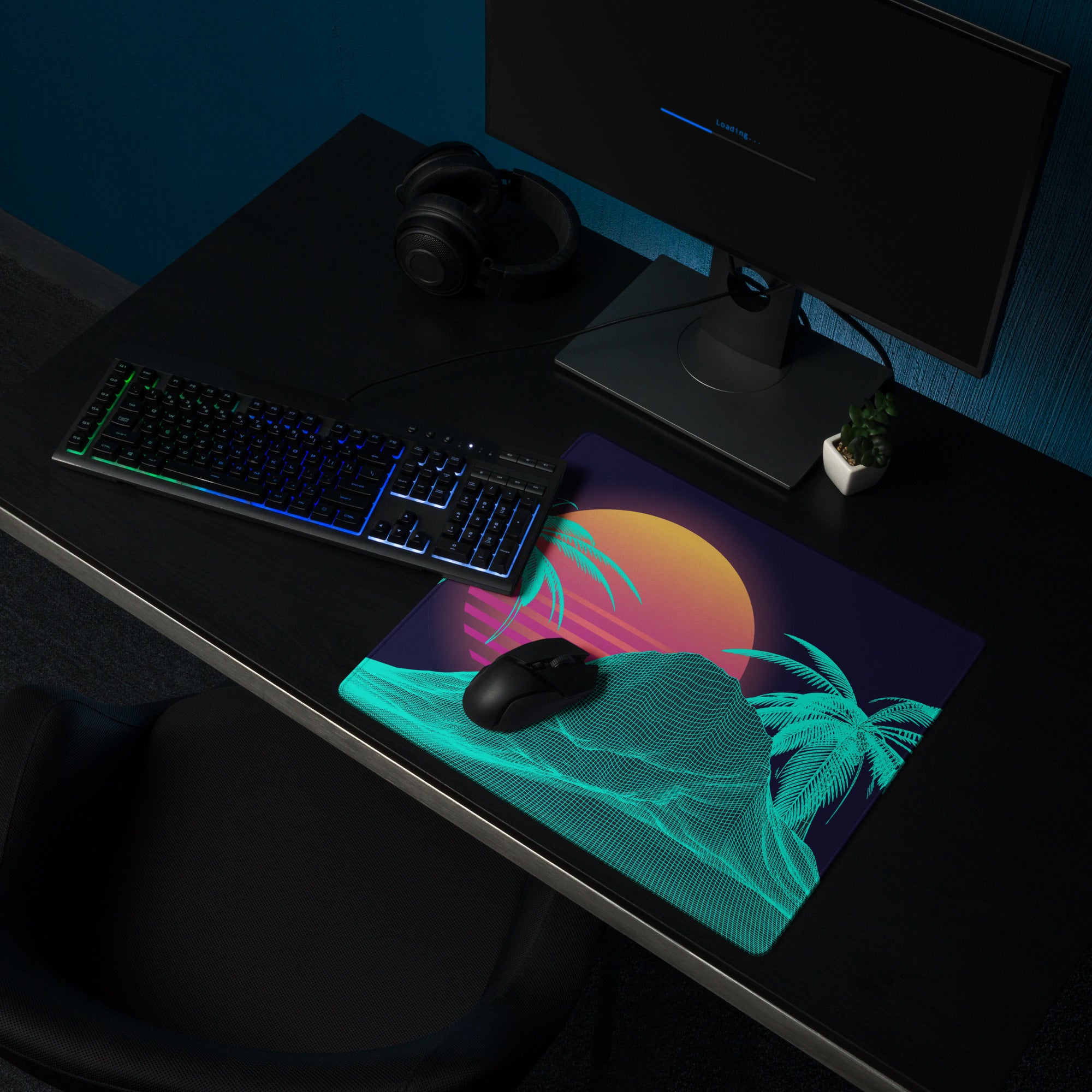 Neon Palm Vaporwave Desk Mat - Palm Trees Sunset Neon Turquoise Desk Mat Gaming Synthwave Retro Mood Vaporwave Desk Accessory