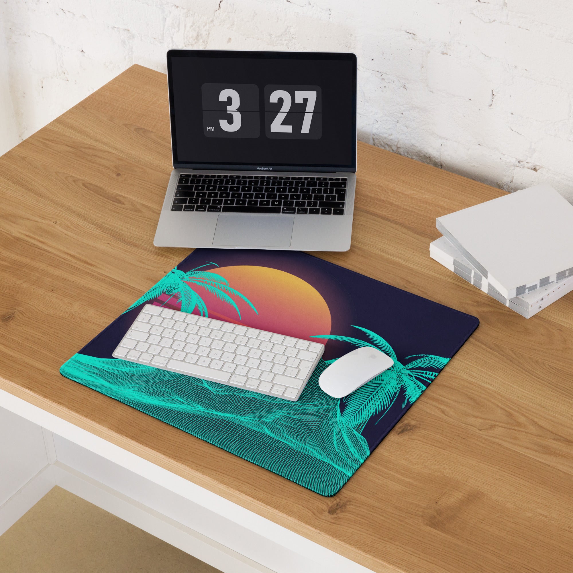 Neon Palm Vaporwave Desk Mat - Palm Trees Sunset Neon Turquoise Desk Mat Gaming Synthwave Retro Mood Vaporwave Desk Accessory