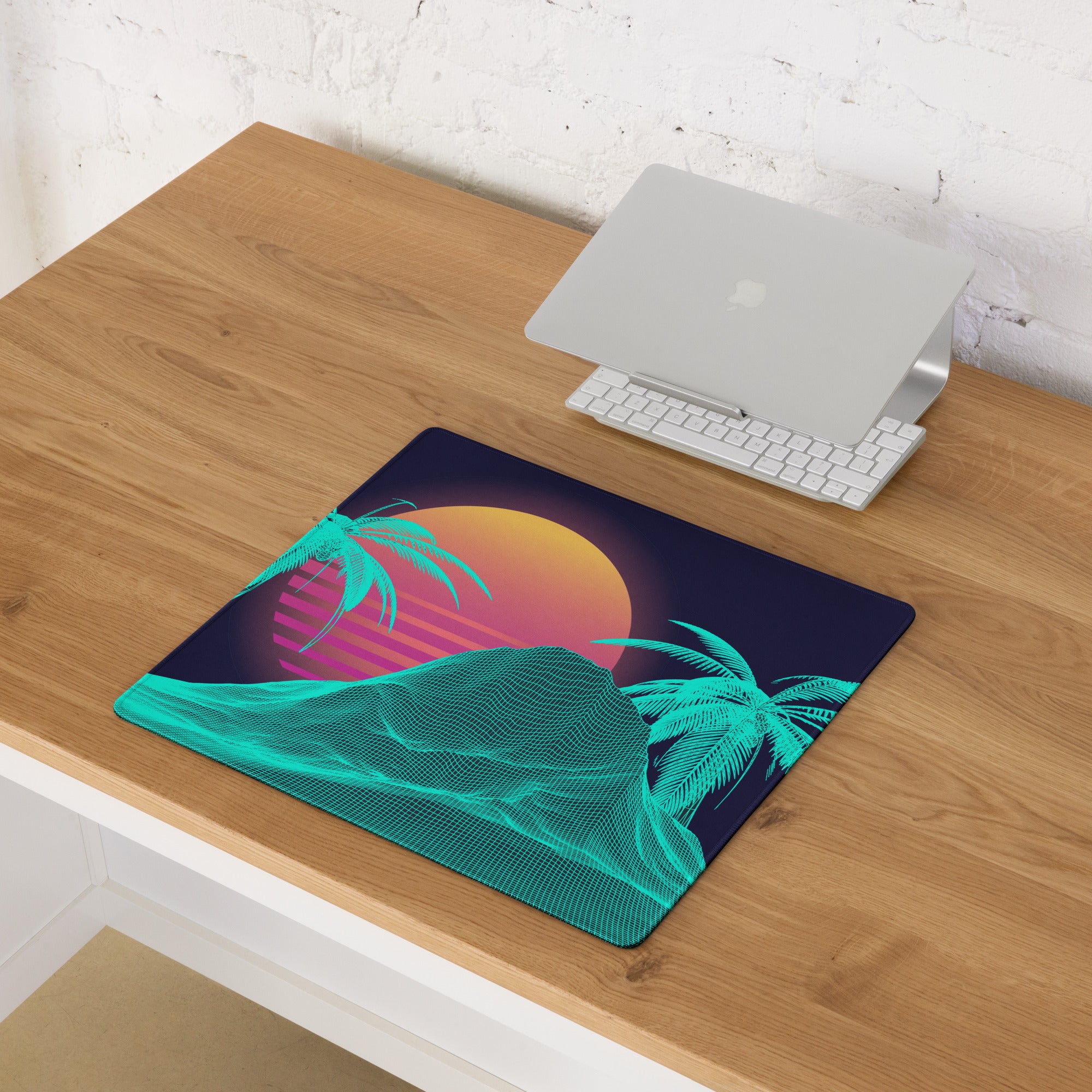Neon Palm Vaporwave Desk Mat - Palm Trees Sunset Neon Turquoise Desk Mat Gaming Synthwave Retro Mood Vaporwave Desk Accessory