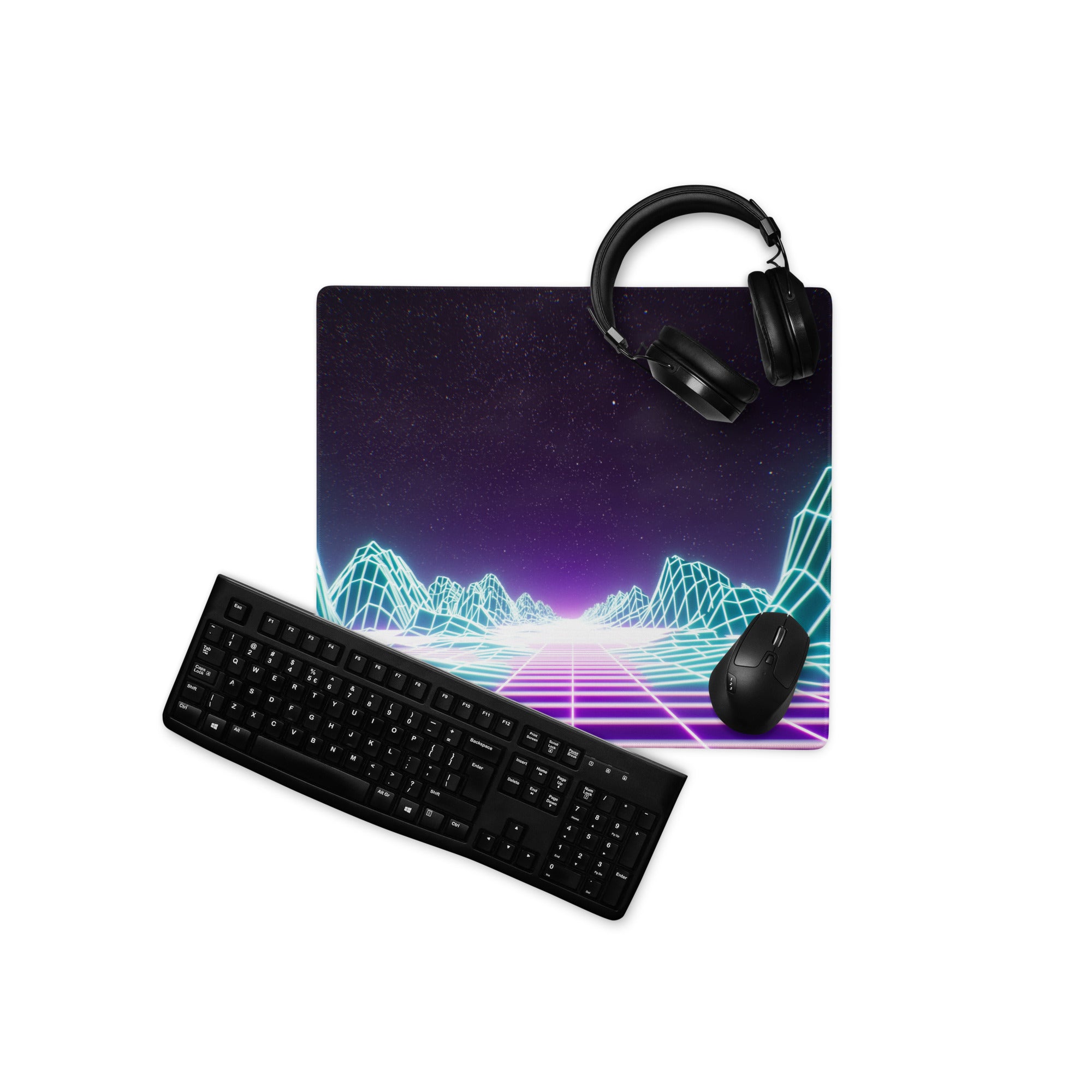 Neon Grid Mountains Gaming Mouse Pad - Neon Grid Mountains Blue Teal Gaming Desk Cyberpunk Futuristic Mood Desk Art