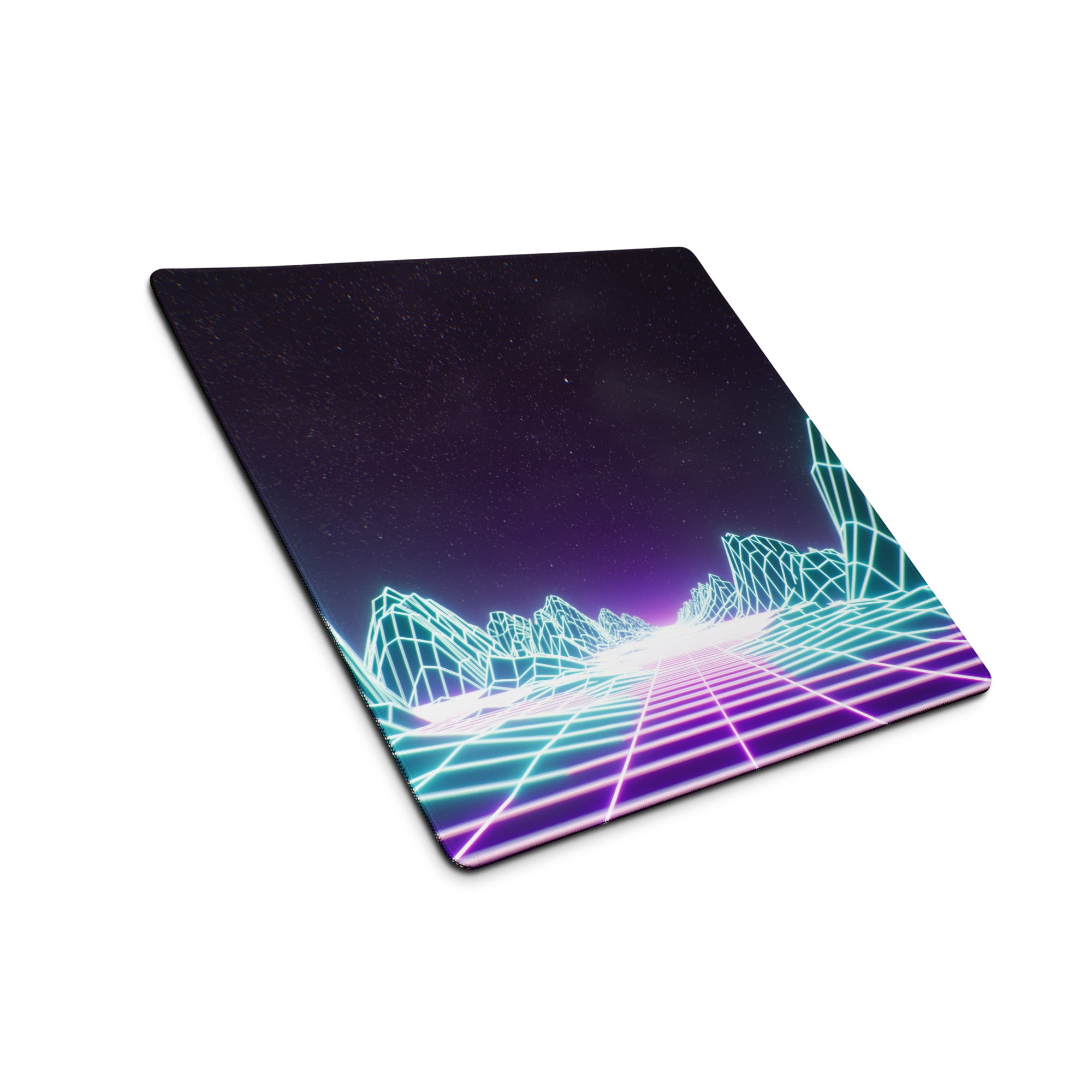 Neon Grid Mountains Gaming Mouse Pad - Neon Grid Mountains Blue Teal Gaming Desk Cyberpunk Futuristic Mood Desk Art