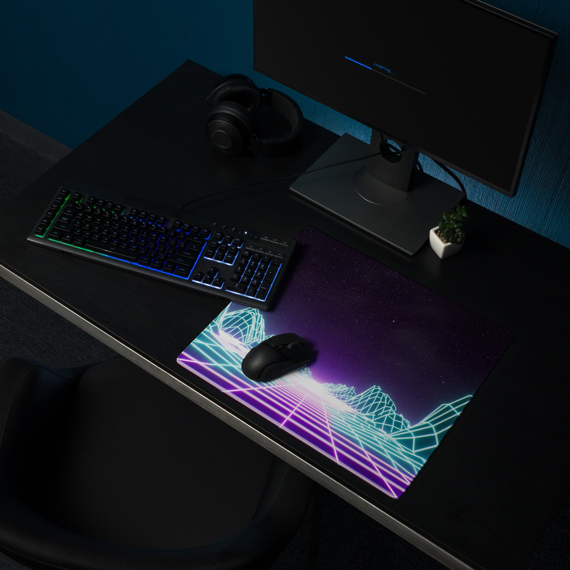 Neon Grid Mountains Gaming Mouse Pad - Neon Grid Mountains Blue Teal Gaming Desk Cyberpunk Futuristic Mood Desk Art