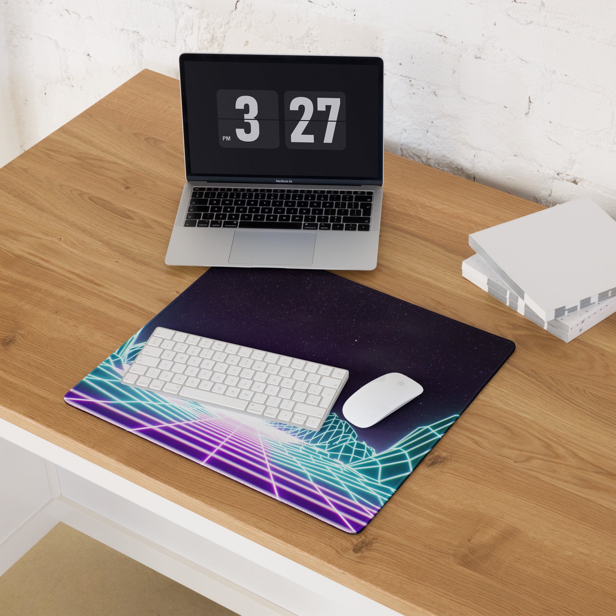 Neon Grid Mountains Gaming Mouse Pad - Neon Grid Mountains Blue Teal Gaming Desk Cyberpunk Futuristic Mood Desk Art