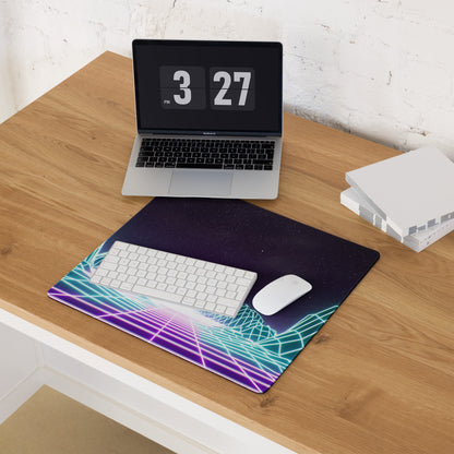 Neon Grid Mountains Gaming Mouse Pad - Neon Grid Mountains Blue Teal Gaming Desk Cyberpunk Futuristic Mood Desk Art