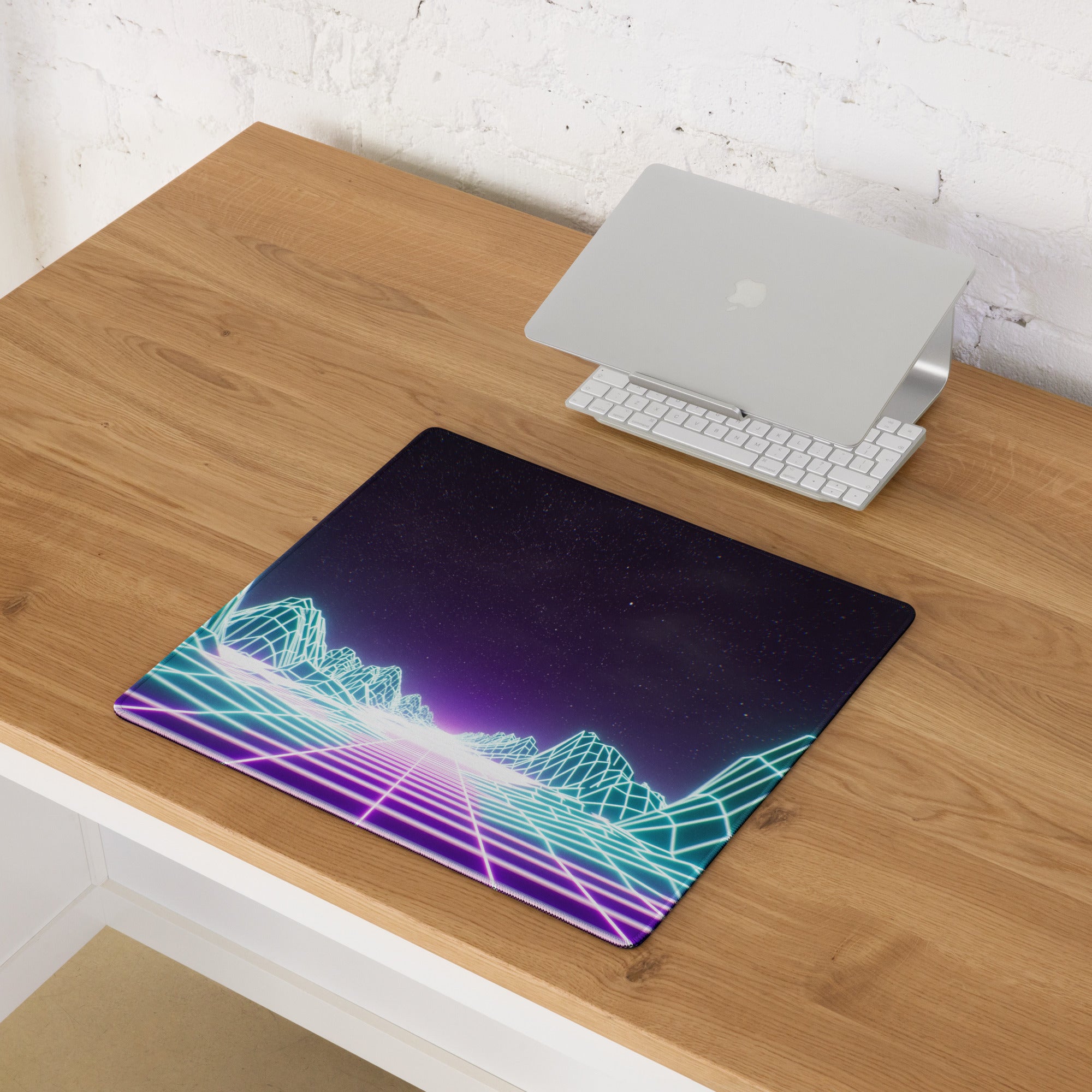 Neon Grid Mountains Gaming Mouse Pad - Neon Grid Mountains Blue Teal Gaming Desk Cyberpunk Futuristic Mood Desk Art