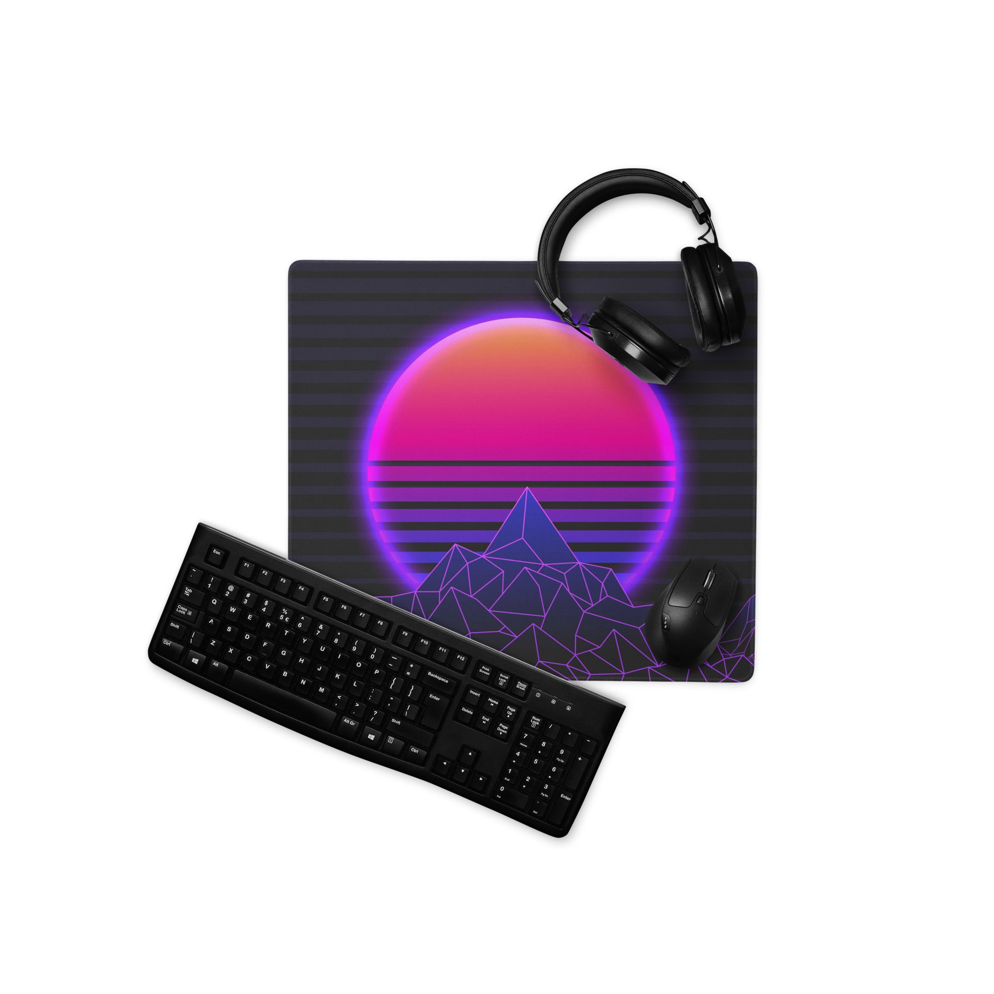 Neon Sunset Mountain Mouse Pad - Neon Sunset Mountain Purple Pink Desk Synthwave Mood Vibrant Neon Glow RGB Desk Mat