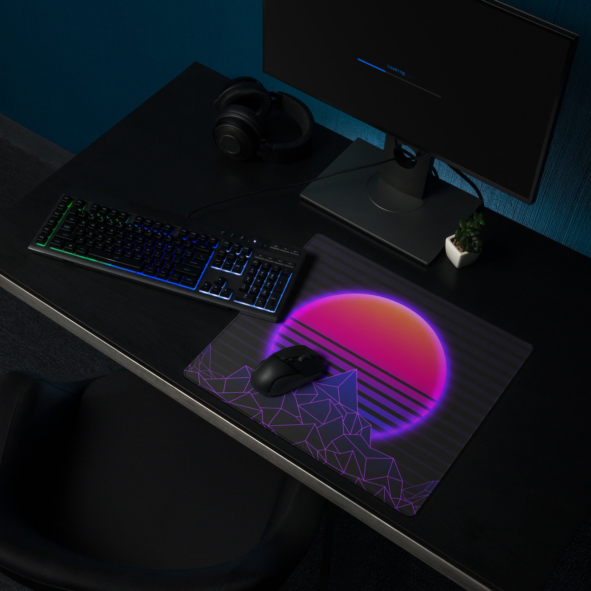 Neon Sunset Mountain Mouse Pad - Neon Sunset Mountain Purple Pink Desk Synthwave Mood Vibrant Neon Glow RGB Desk Mat