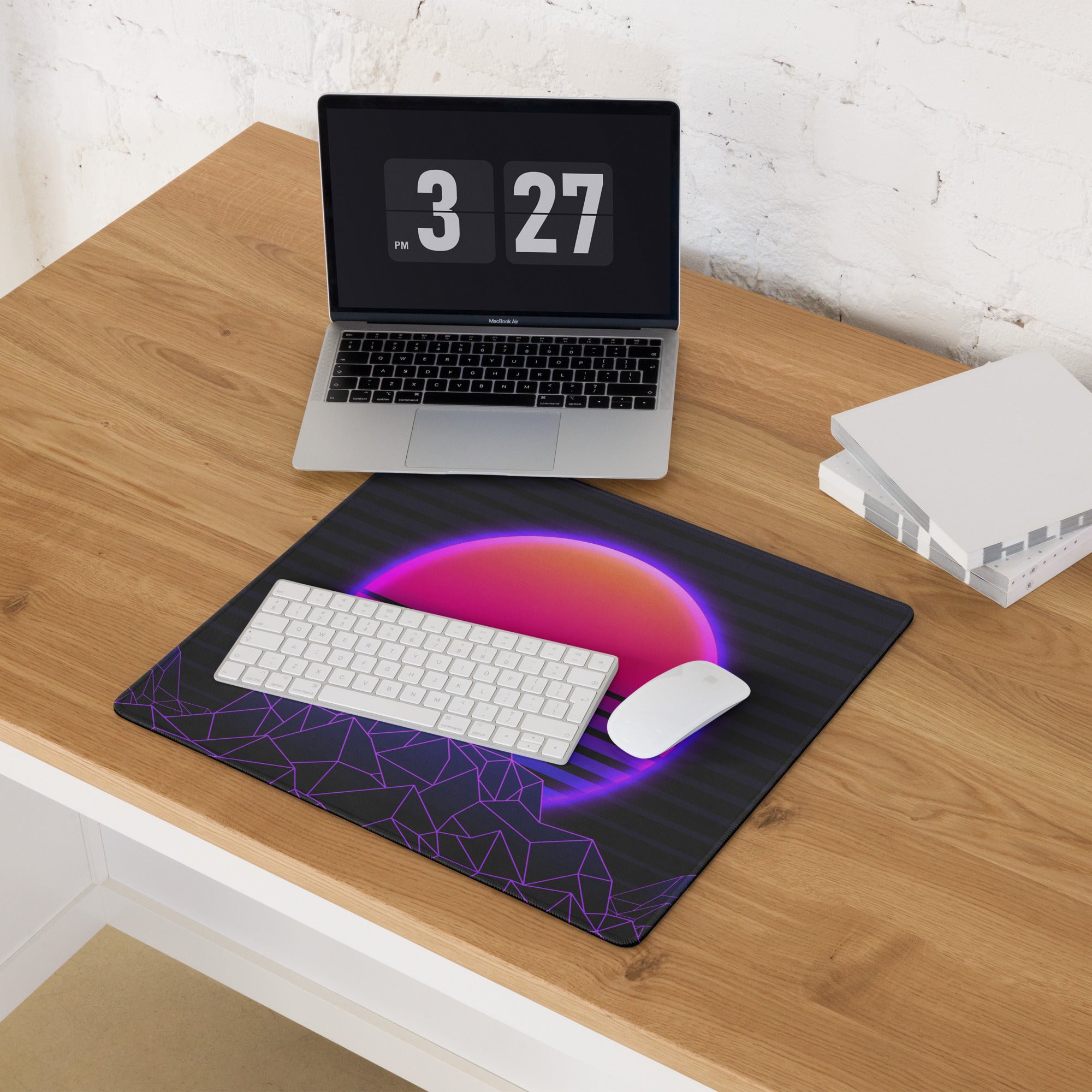 Neon Sunset Mountain Mouse Pad - Neon Sunset Mountain Purple Pink Desk Synthwave Mood Vibrant Neon Glow RGB Desk Mat