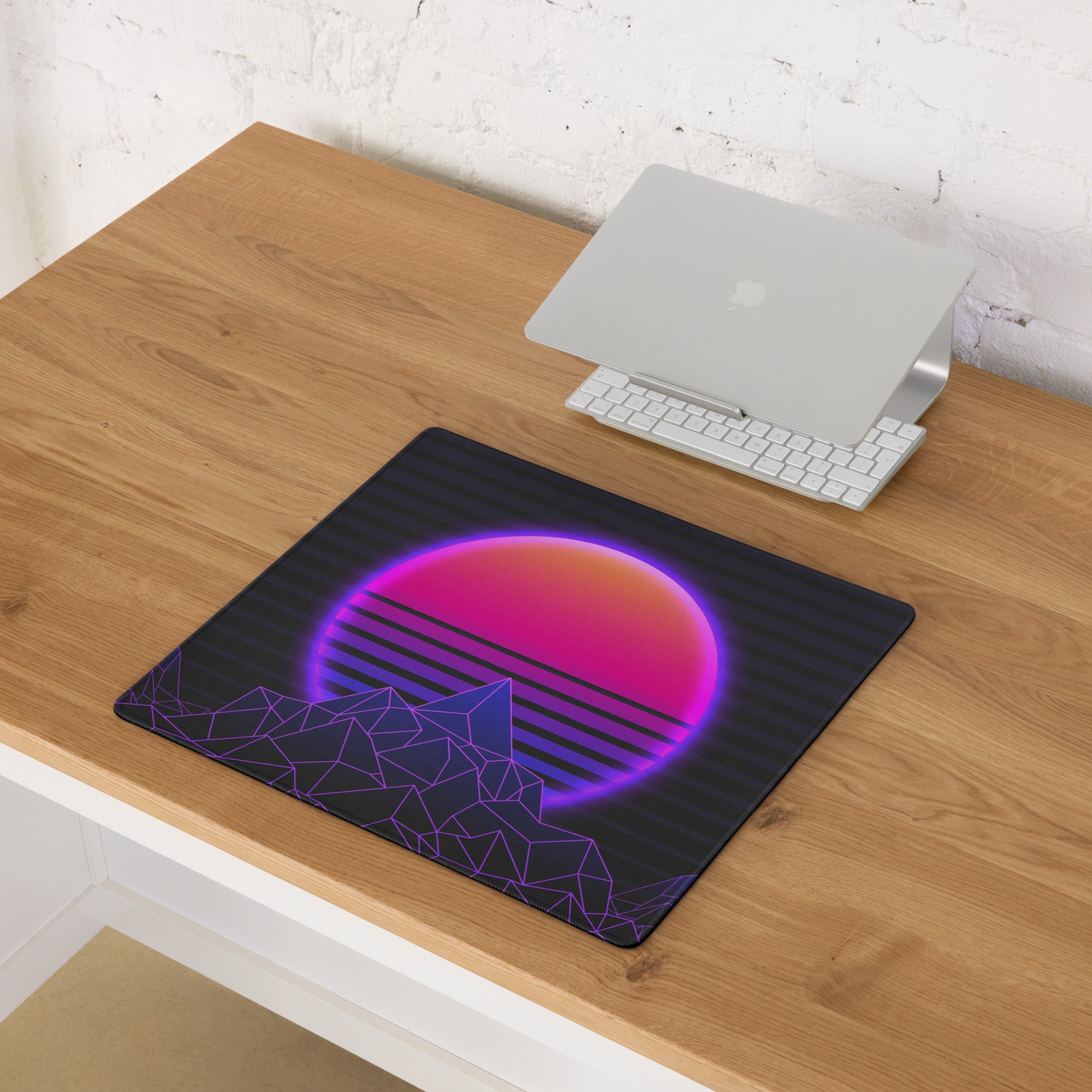 Neon Sunset Mountain Mouse Pad - Neon Sunset Mountain Purple Pink Desk Synthwave Mood Vibrant Neon Glow RGB Desk Mat
