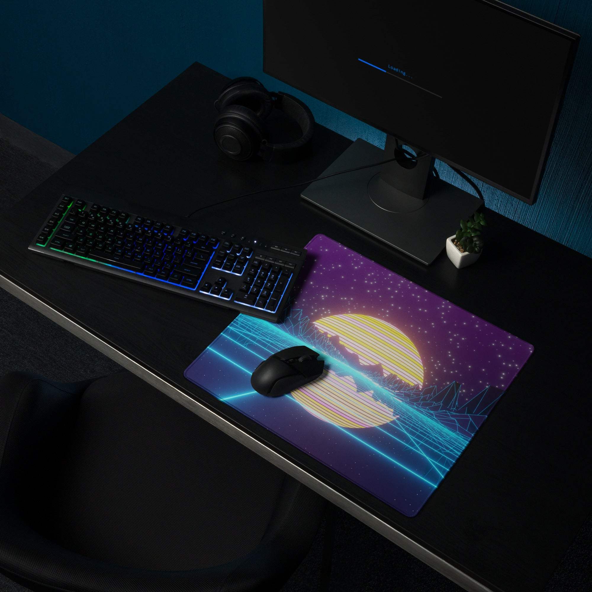Neon cosmos gaming mouse pad with a vibrant neon retro-futuristic yellow sun on a purple starry sky and blue lines
