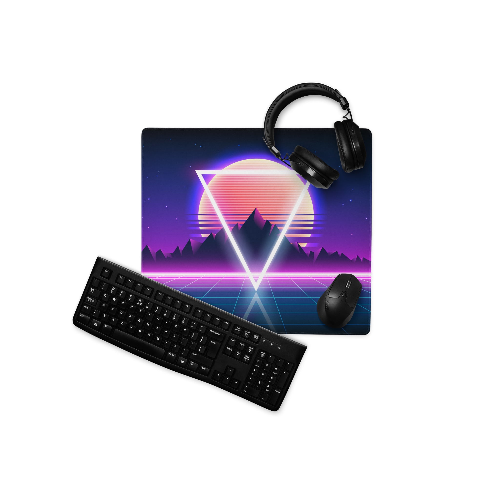 Neon Sunset Triangle Desk Mat - Gaming Mouse Pad Neon Pink Purple Blue Synthwave Mood Vaporwave Cyberpunk Edge Stitched