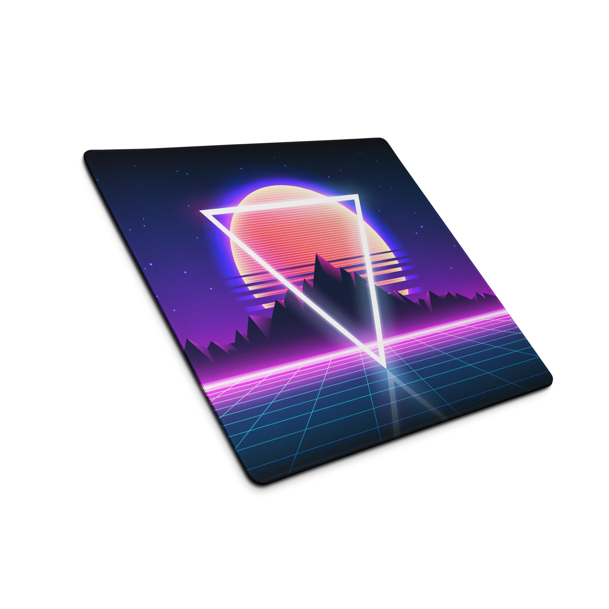Neon Sunset Triangle Desk Mat - Gaming Mouse Pad Neon Pink Purple Blue Synthwave Mood Vaporwave Cyberpunk Edge Stitched