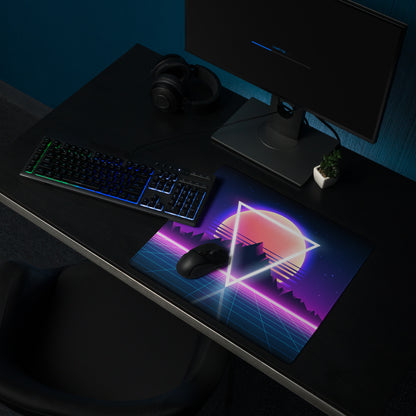 Neon Sunset Triangle Desk Mat - Gaming Mouse Pad Neon Pink Purple Blue Synthwave Mood Vaporwave Cyberpunk Edge Stitched