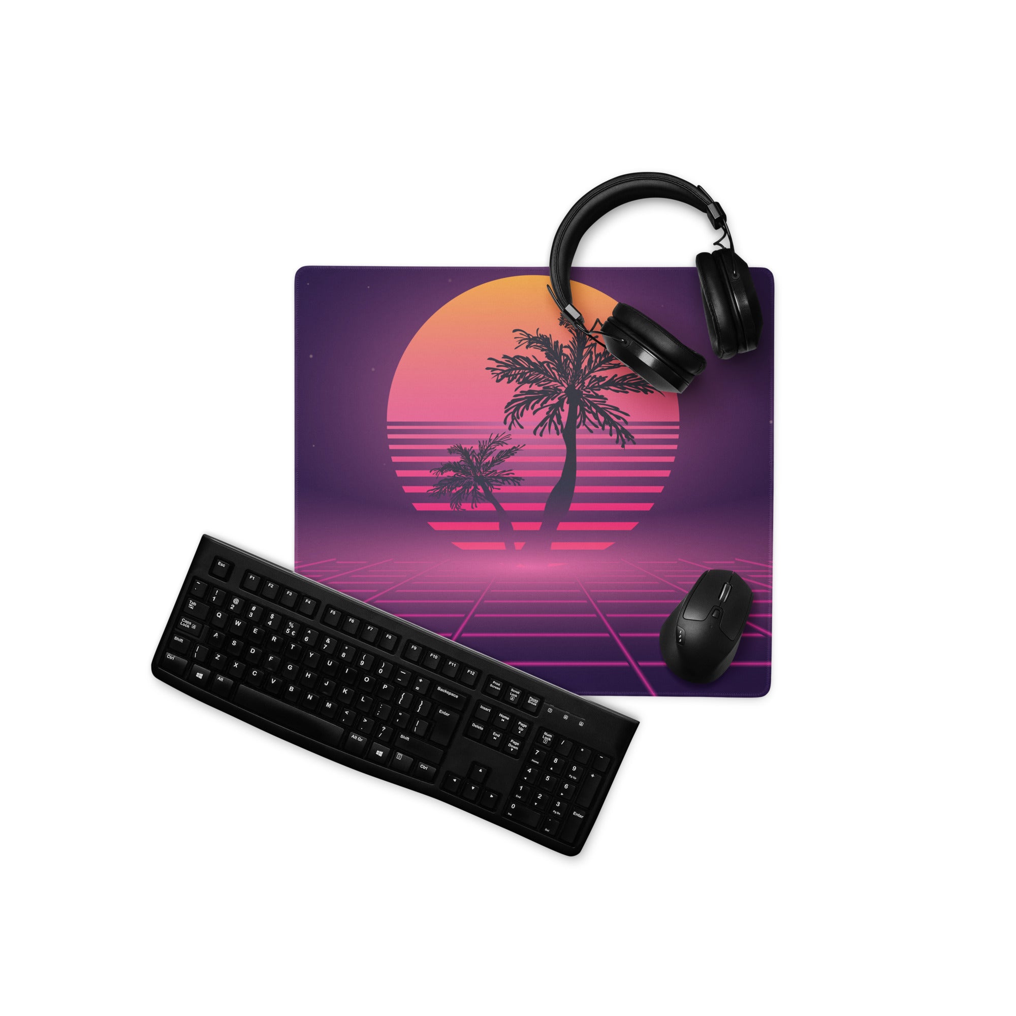 Sunset Palm Neon Desk Pad - Palm Tree Purple Pink Gradient Desk Pad Vaporwave Mood Neon Vaporwave Gaming Desk Non Slip
