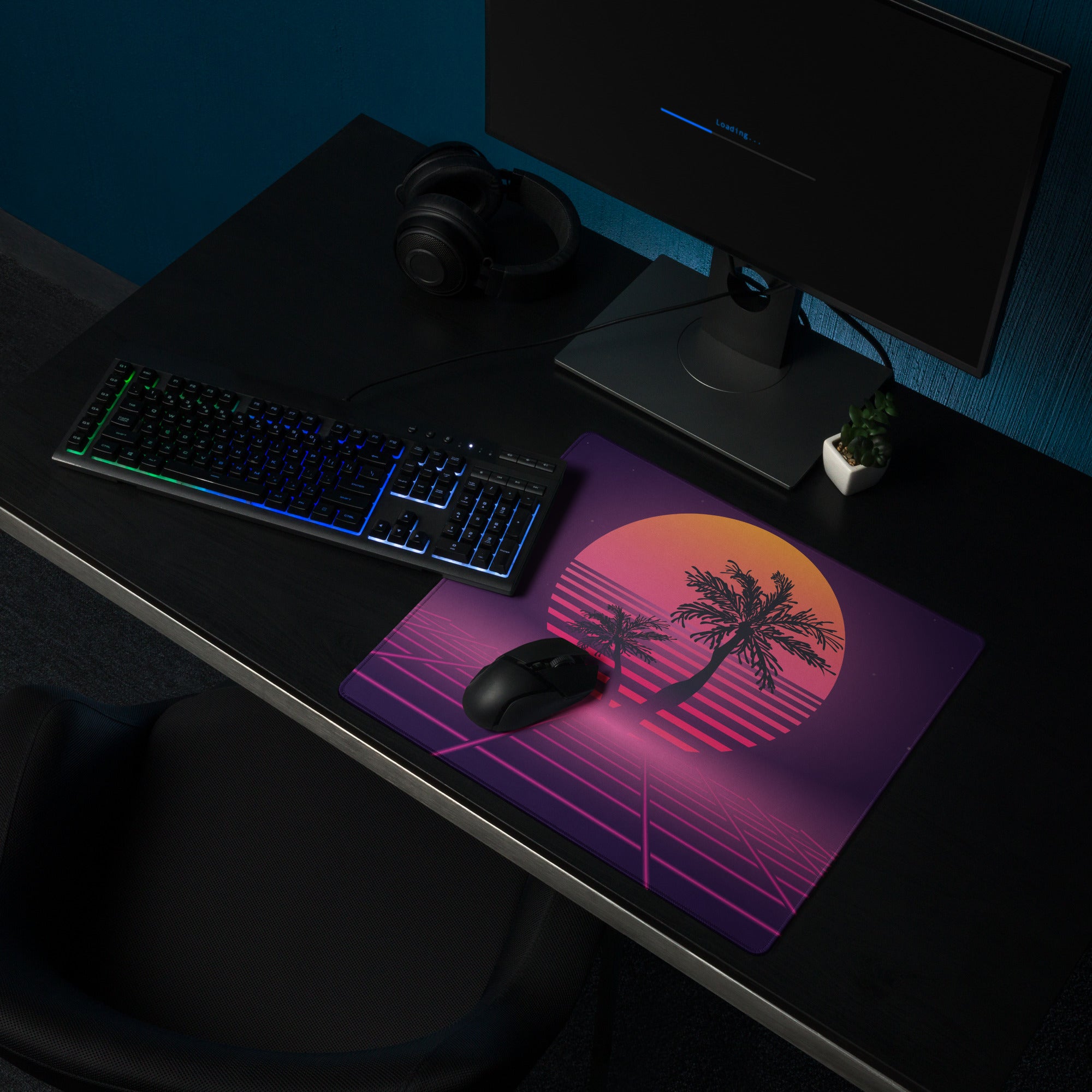 Sunset Palm Neon Desk Pad - Palm Tree Purple Pink Gradient Desk Pad Vaporwave Mood Neon Vaporwave Gaming Desk Non Slip