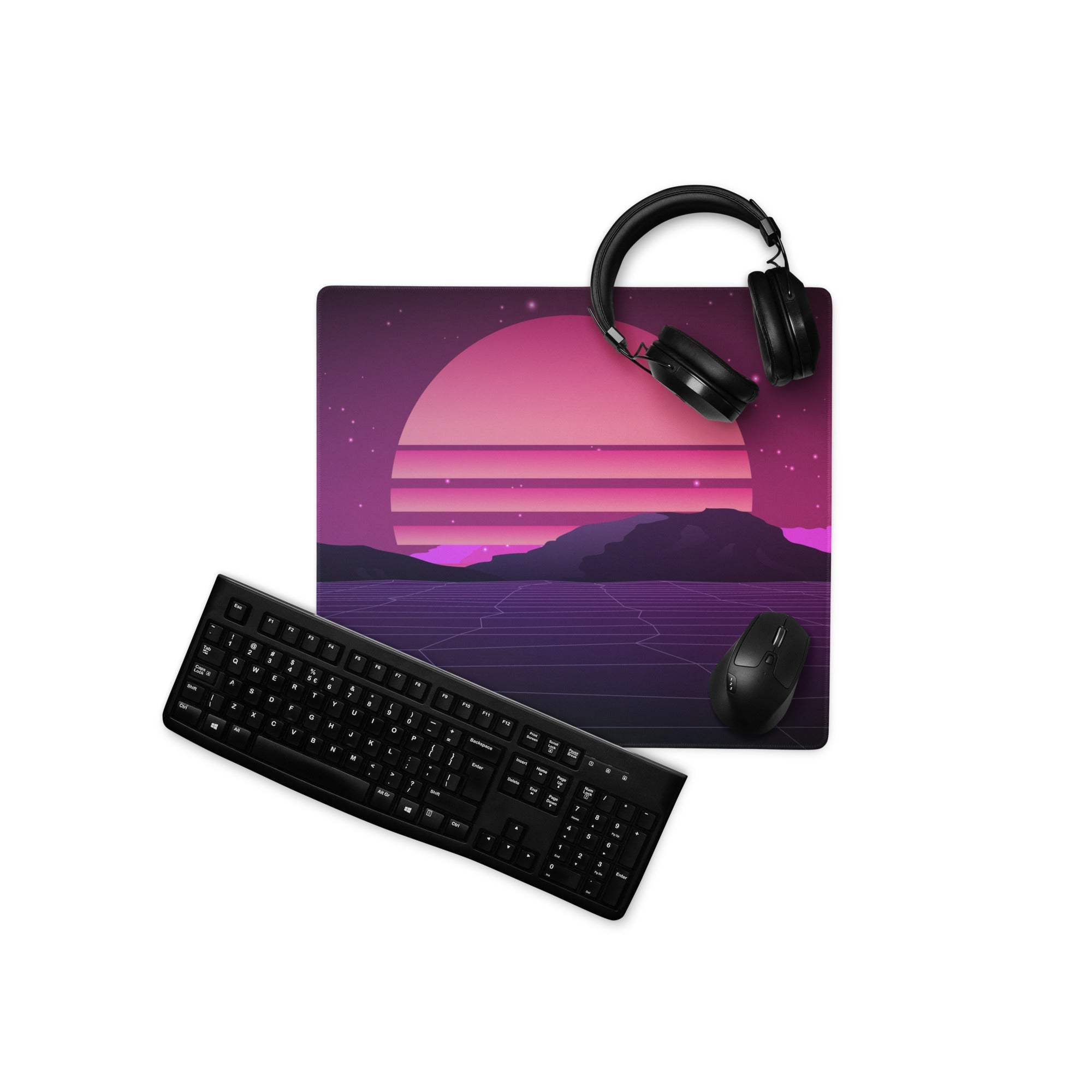 A rectangular neon sunset gamer mouse pad with vibrant pink and purple retro-futuristic design and star accents