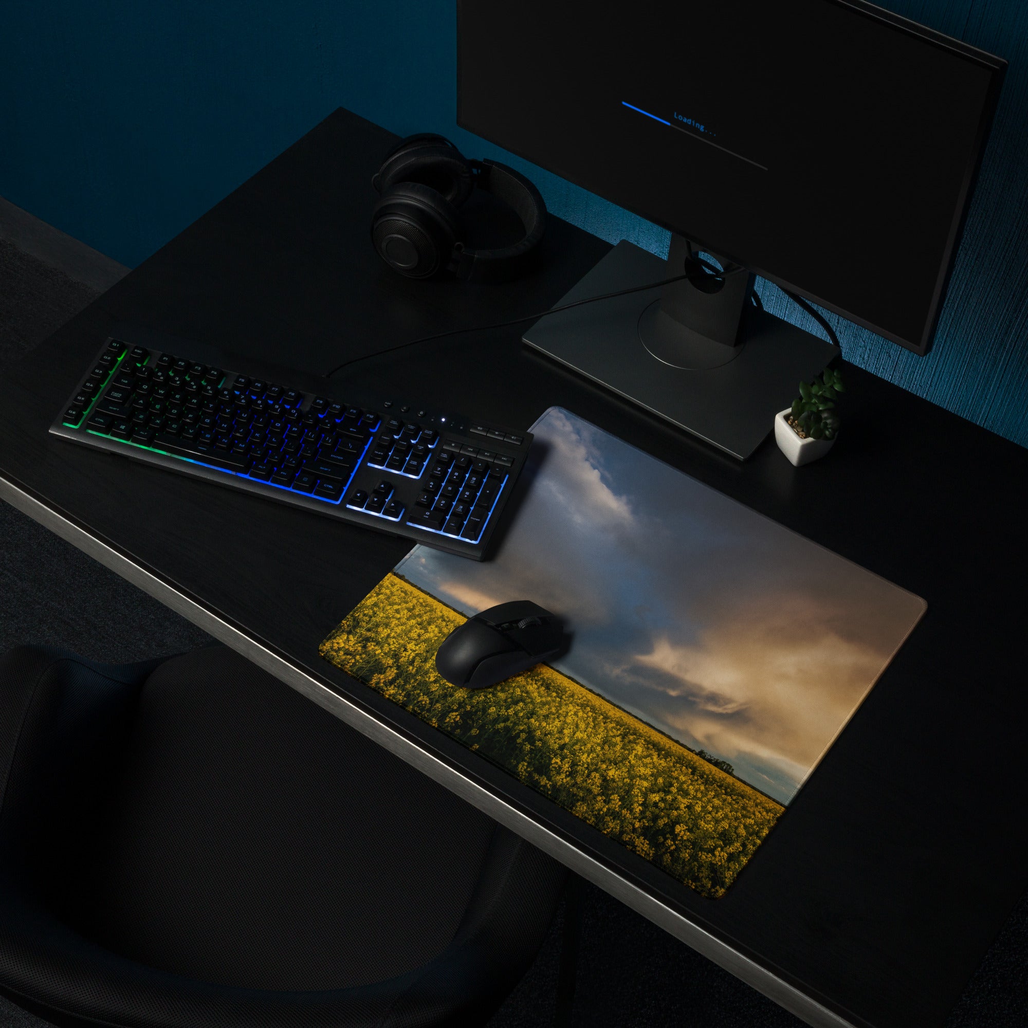 Stormy Canola Field Desk Pad - Landscape Canola Field Yellow Blue Gaming Desk Photo Print - Dramatic Mood Wall Art Photo