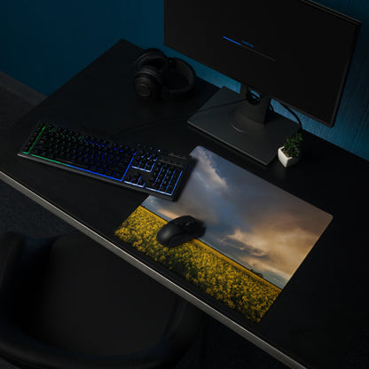 Stormy Canola Field Desk Pad - Landscape Canola Field Yellow Blue Gaming Desk Photo Print - Dramatic Mood Wall Art Photo