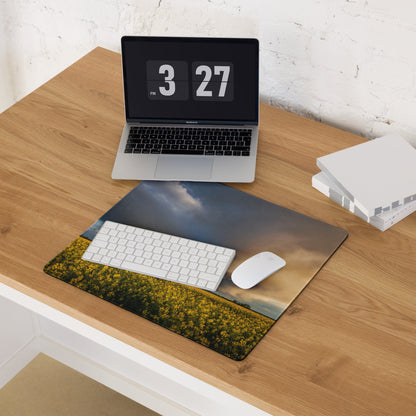 Stormy Canola Field Desk Pad - Landscape Canola Field Yellow Blue Gaming Desk Photo Print - Dramatic Mood Wall Art Photo