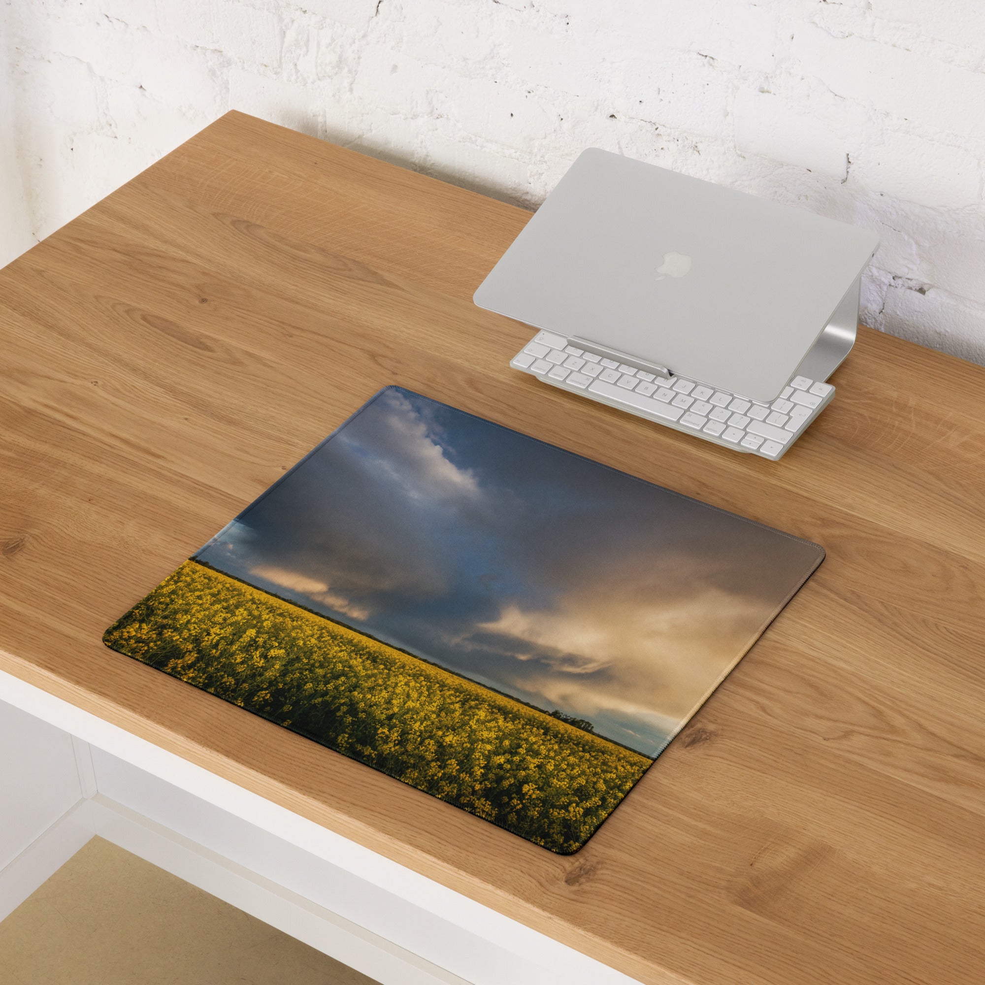 Stormy Canola Field Desk Pad - Landscape Canola Field Yellow Blue Gaming Desk Photo Print - Dramatic Mood Wall Art Photo