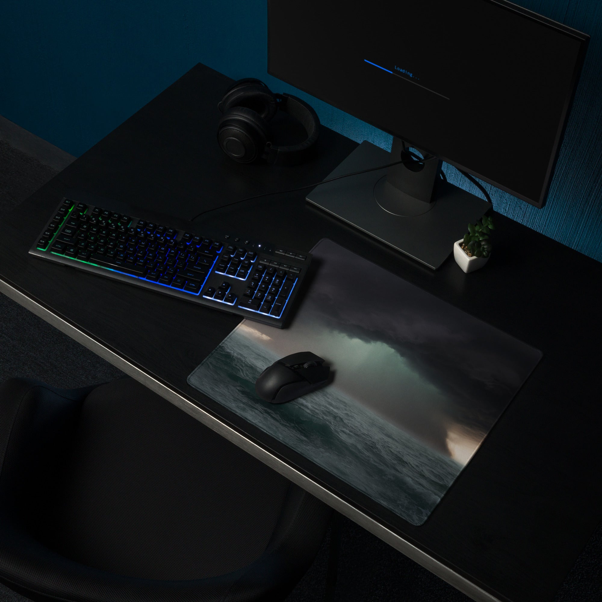Stormy Ocean Night Gaming Mouse Pad - Gaming Mouse Pad Dark Blue Gray Desk Modern Dramatic Minimalist Decor Matte Print