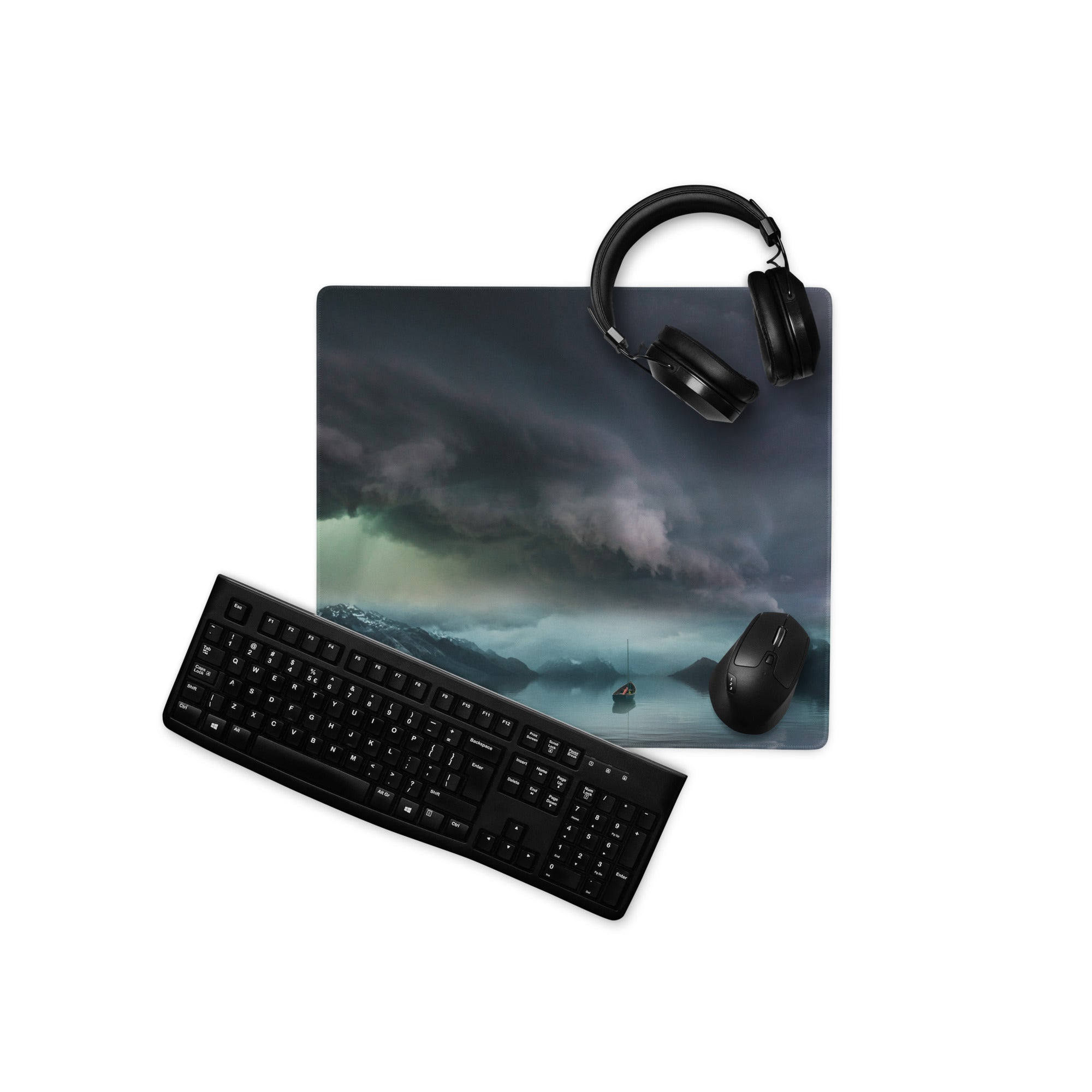 Stormy Mountain Landscape Mouse Pad - Stormy Mountain Landscape Blues Teal Gaming Desk Moody Industrial Modern Large Pad