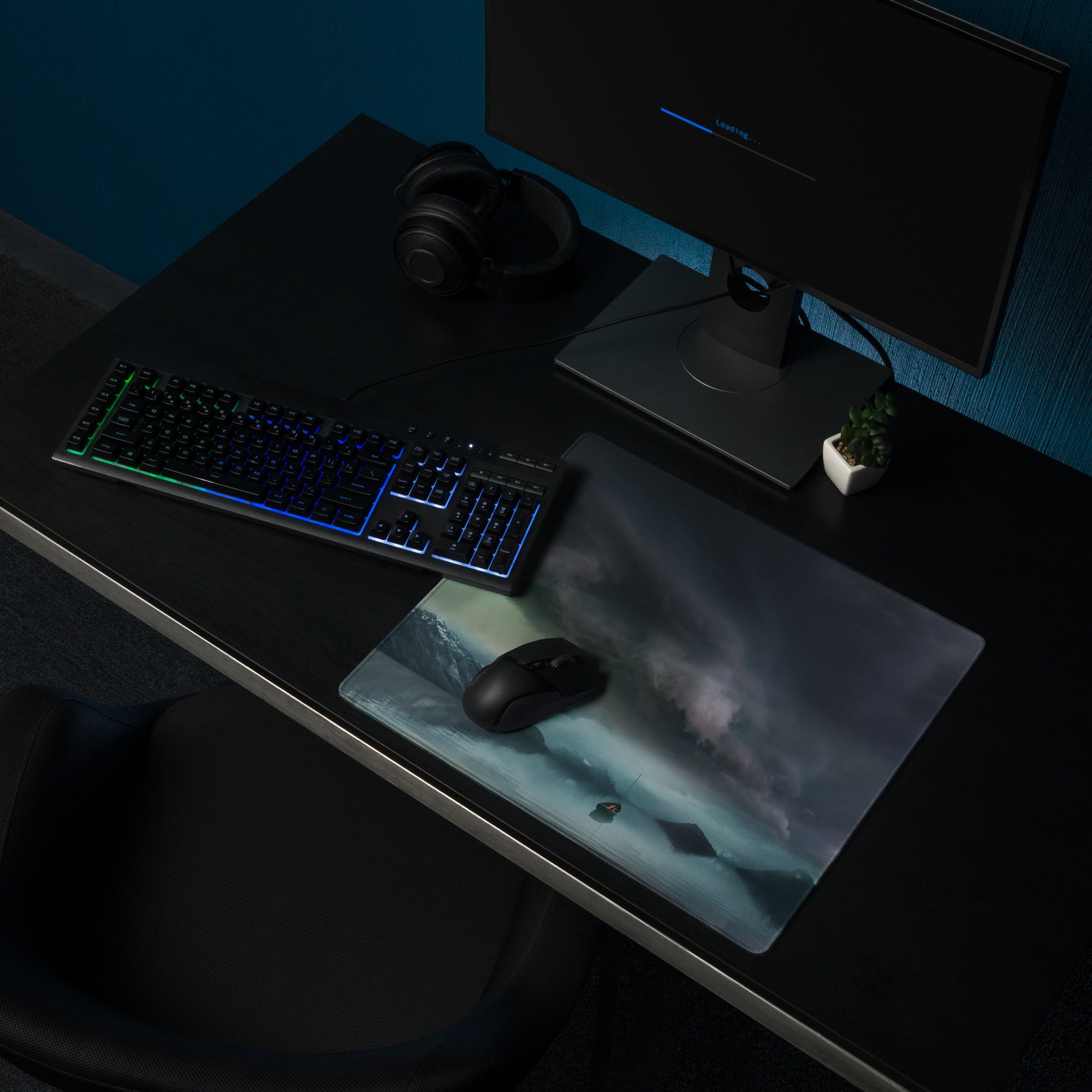 Stormy Mountain Landscape Mouse Pad - Stormy Mountain Landscape Blues Teal Gaming Desk Moody Industrial Modern Large Pad