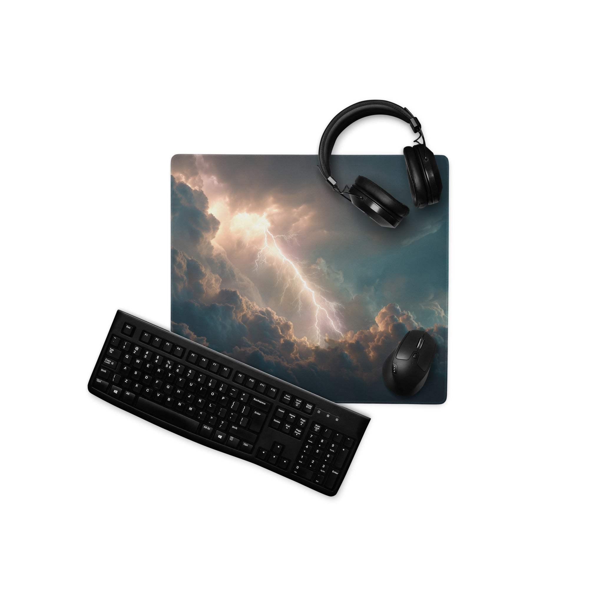 Black keyboard on a lightning storm gaming mouse pad with stormy sky design dark blue esports atmosphere