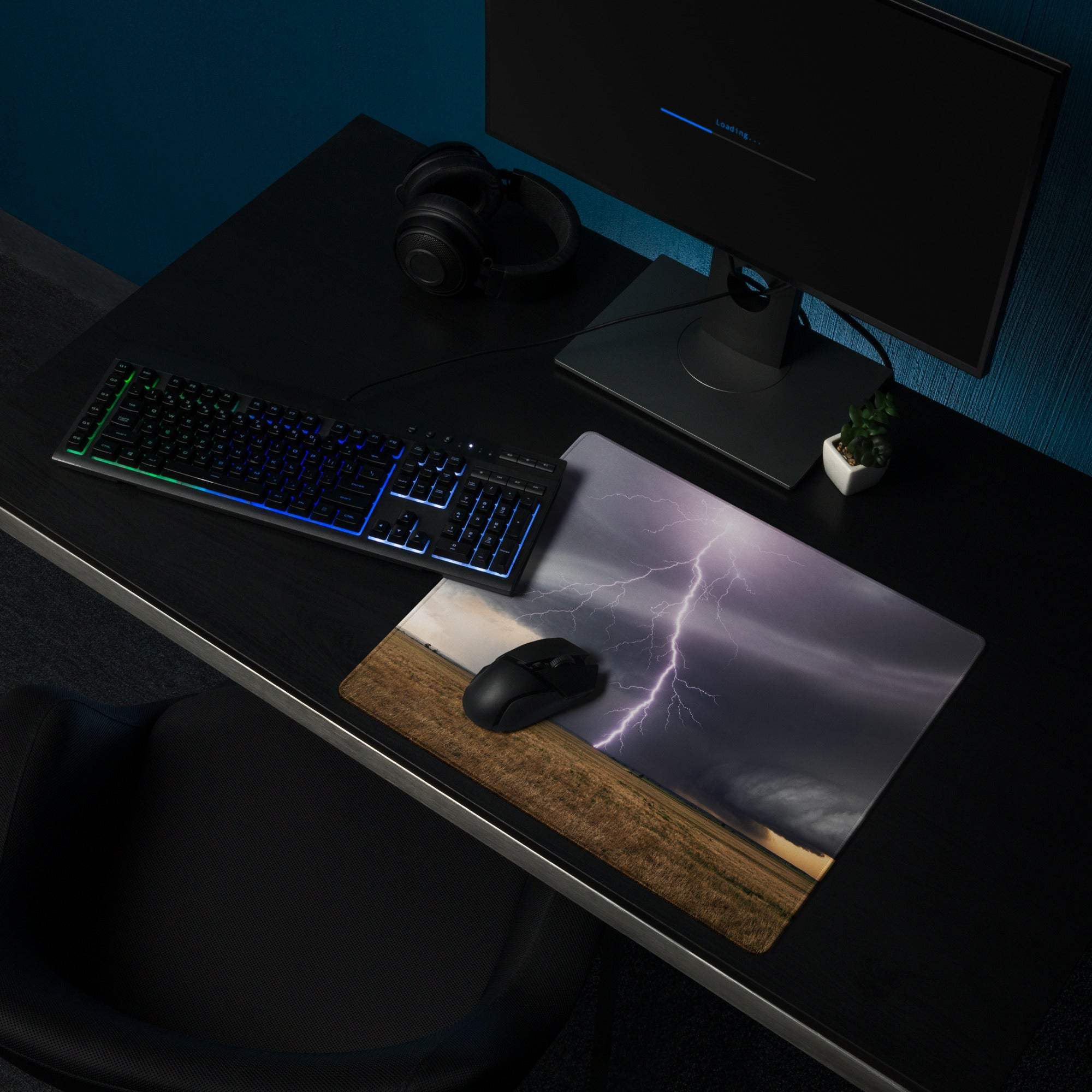 Rectangular lightning storm large gaming mouse pad with purple gray design over golden field and wooden textured border