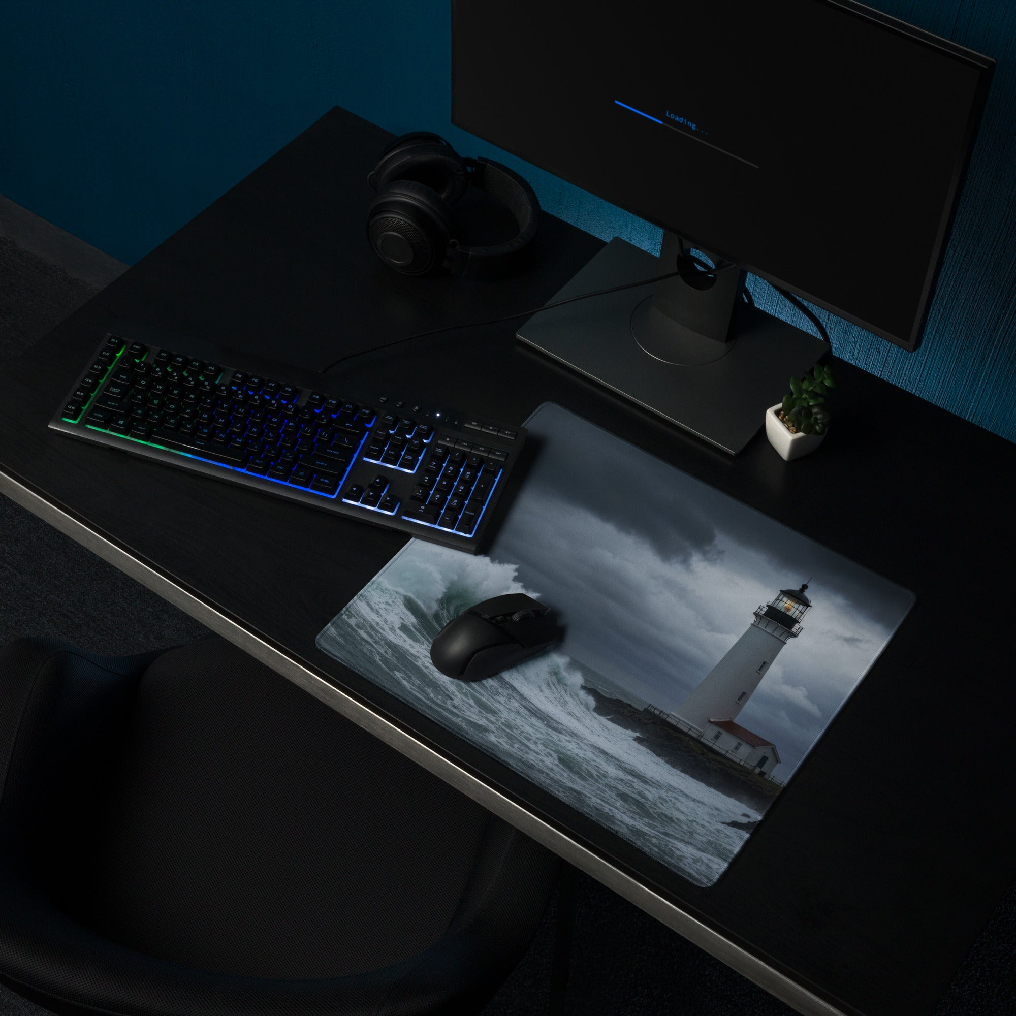 Stormy Lighthouse Ocean Nightscape - Lighthouse Ocean Scene Navy Blue Desk Mat Moody Nautical Decor Gaming Mouse Pad
