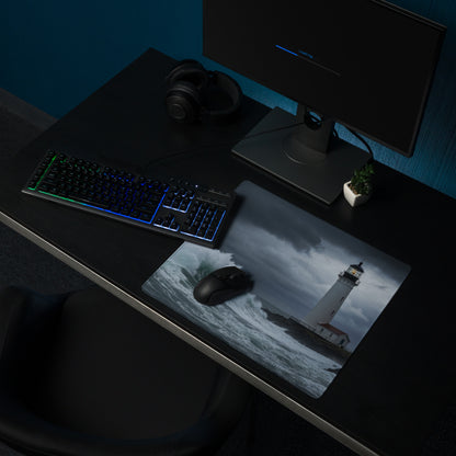 Stormy Lighthouse Ocean Nightscape - Lighthouse Ocean Scene Navy Blue Desk Mat Moody Nautical Decor Gaming Mouse Pad