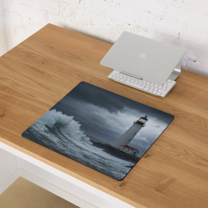Stormy Lighthouse Ocean Nightscape - Lighthouse Ocean Scene Navy Blue Desk Mat Moody Nautical Decor Gaming Mouse Pad