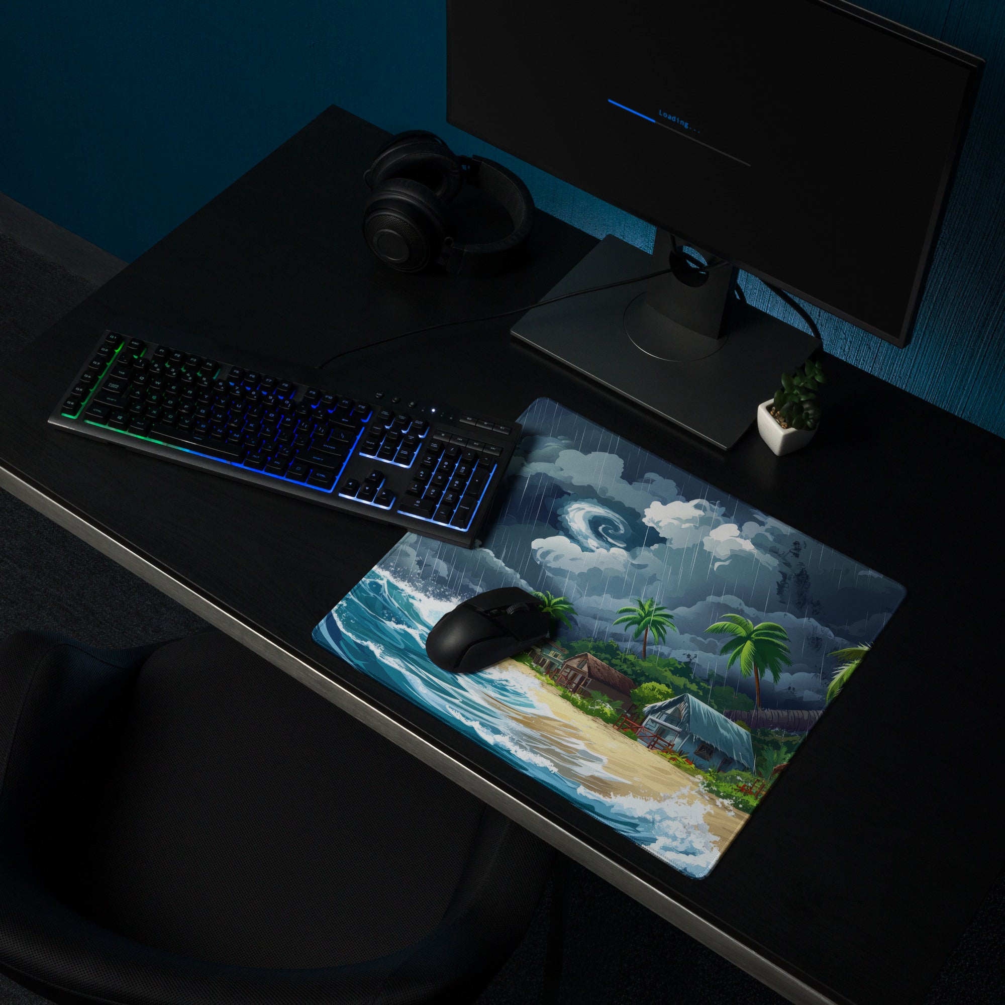 Stormy Island Oasis Mouse Pad - Tropical Navy Blue Palms Desk Digital Moody Coastal Decor Gaming Mat