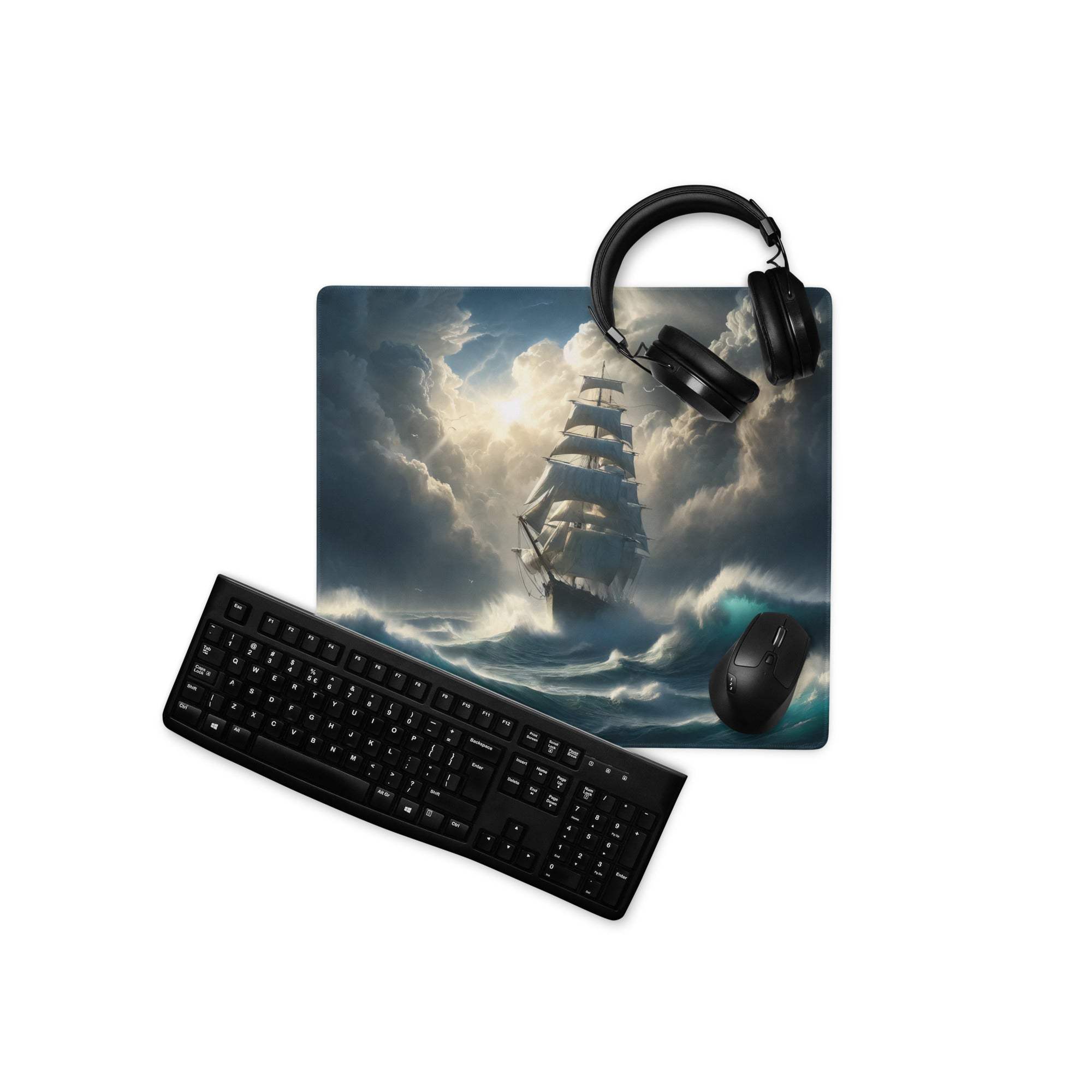 Black gaming mousepad featuring a dramatic tall ship illustration battling stormy seas under a cloudy sky