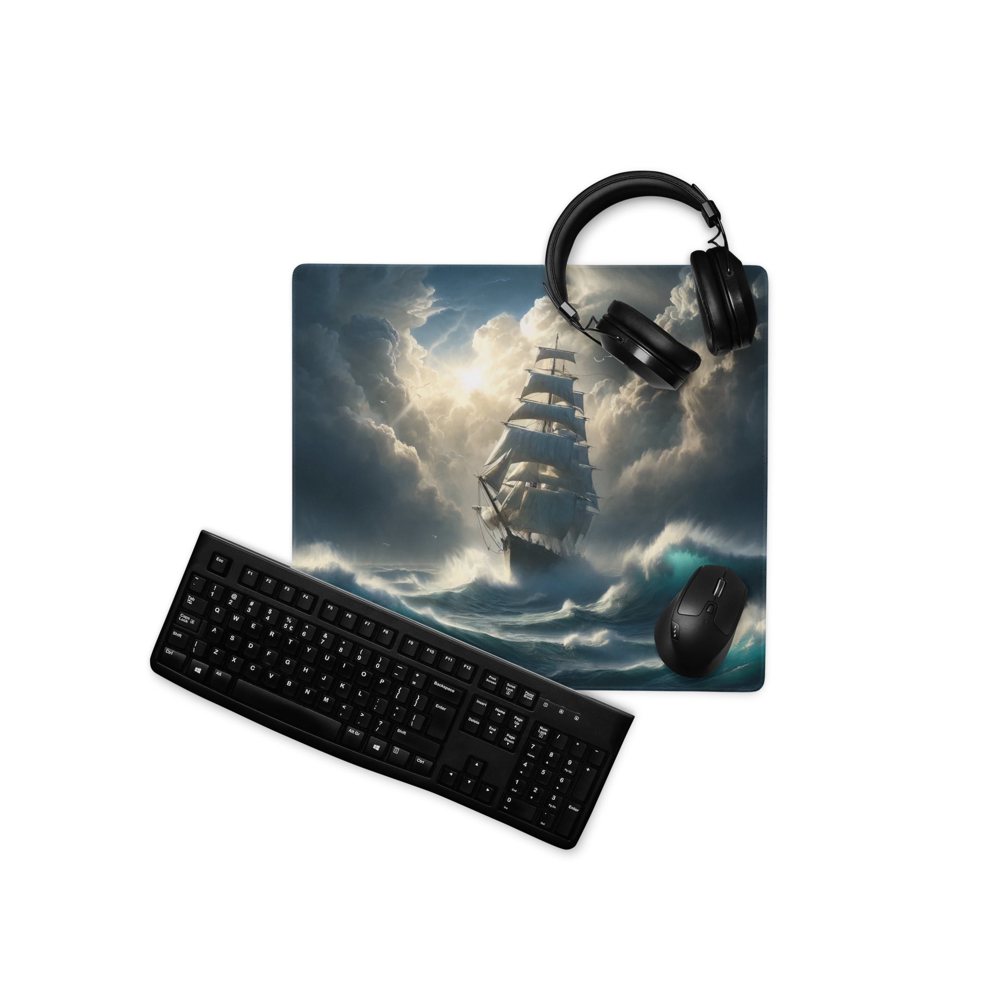 Stormbound Ship Oceanic Desk Mat - Ship Blue Navy Gaming Desk Mat Cinematic Digital Painting Moody Modern