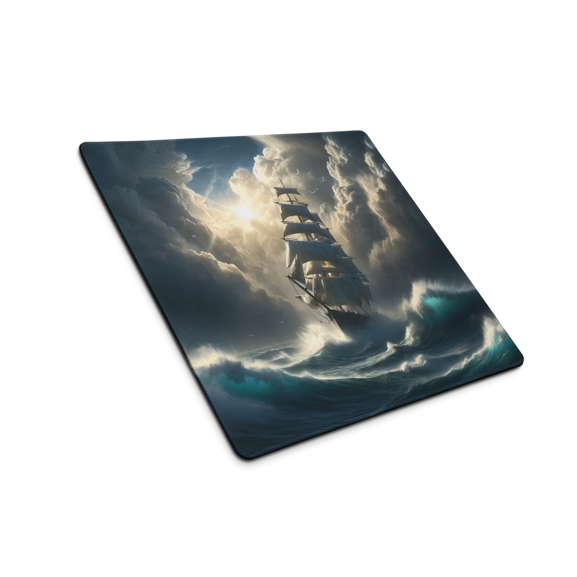 Stormbound Ship Oceanic Desk Mat - Ship Blue Navy Gaming Desk Mat Cinematic Digital Painting Moody Modern