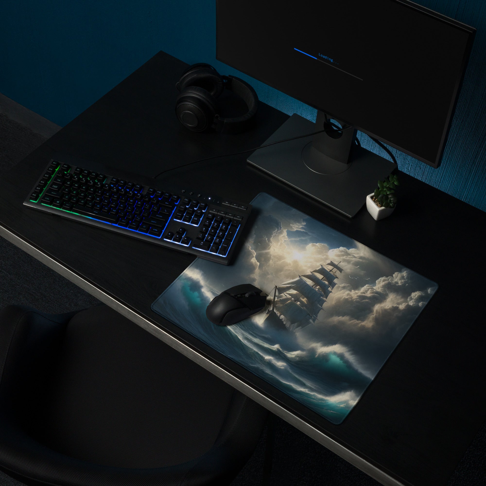 Stormbound Ship Oceanic Desk Mat - Ship Blue Navy Gaming Desk Mat Cinematic Digital Painting Moody Modern