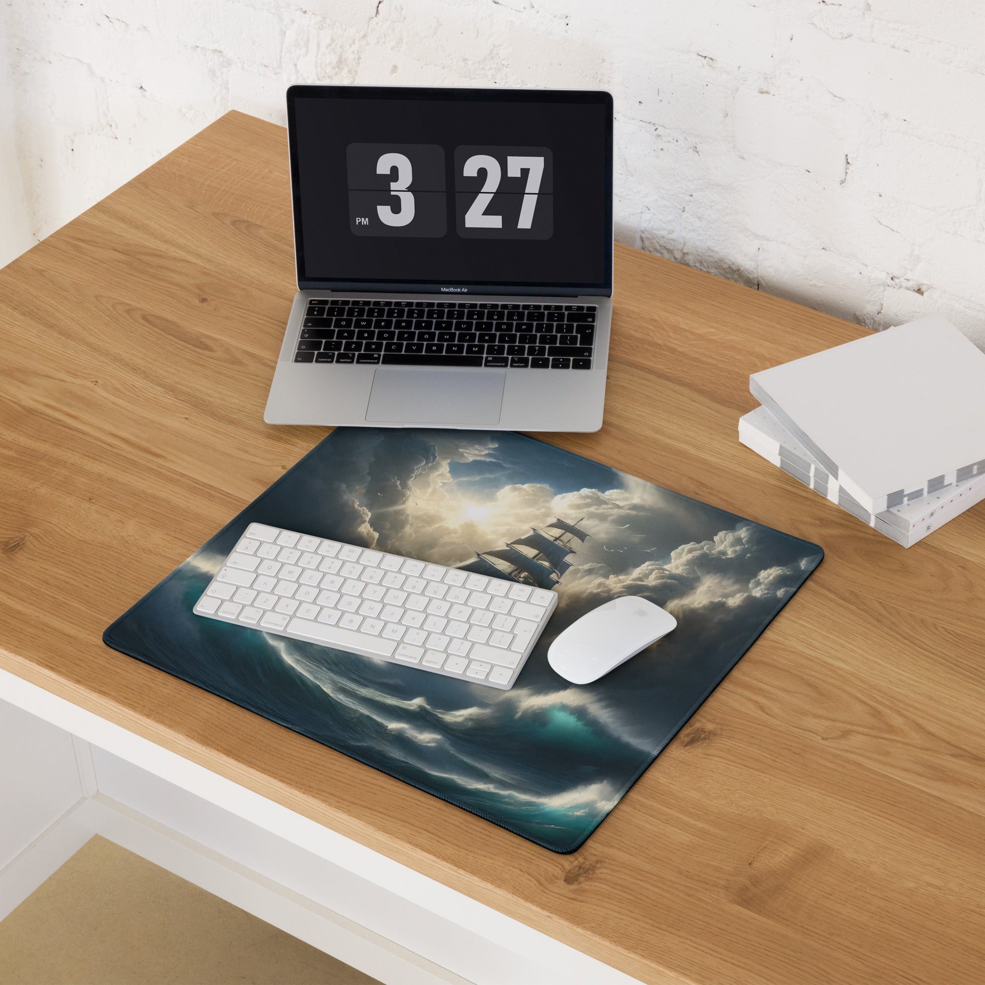 Stormbound Ship Oceanic Desk Mat - Ship Blue Navy Gaming Desk Mat Cinematic Digital Painting Moody Modern
