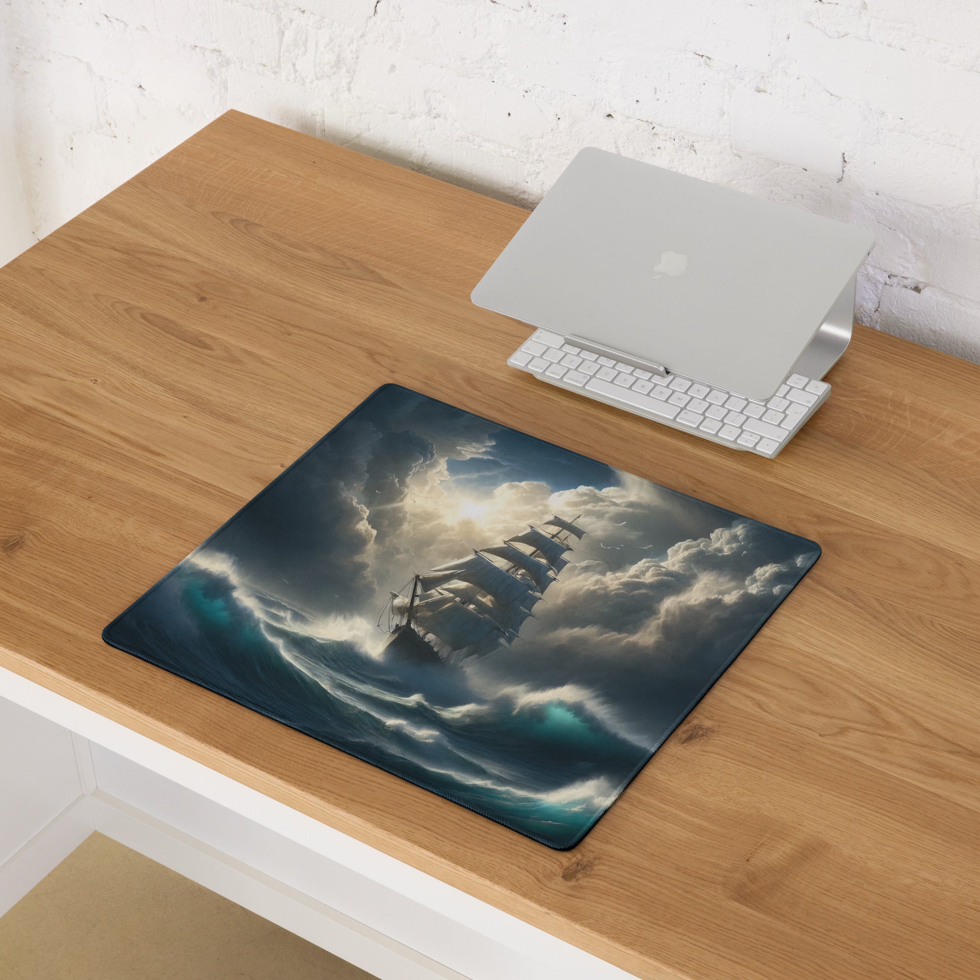 Stormbound Ship Oceanic Desk Mat - Ship Blue Navy Gaming Desk Mat Cinematic Digital Painting Moody Modern