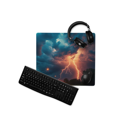 Lightning Storm Gaming Desk Pad - Lightning Storm Blue Orange Desk Mat Dramatic Mood Esports Desk Pad Photo Print