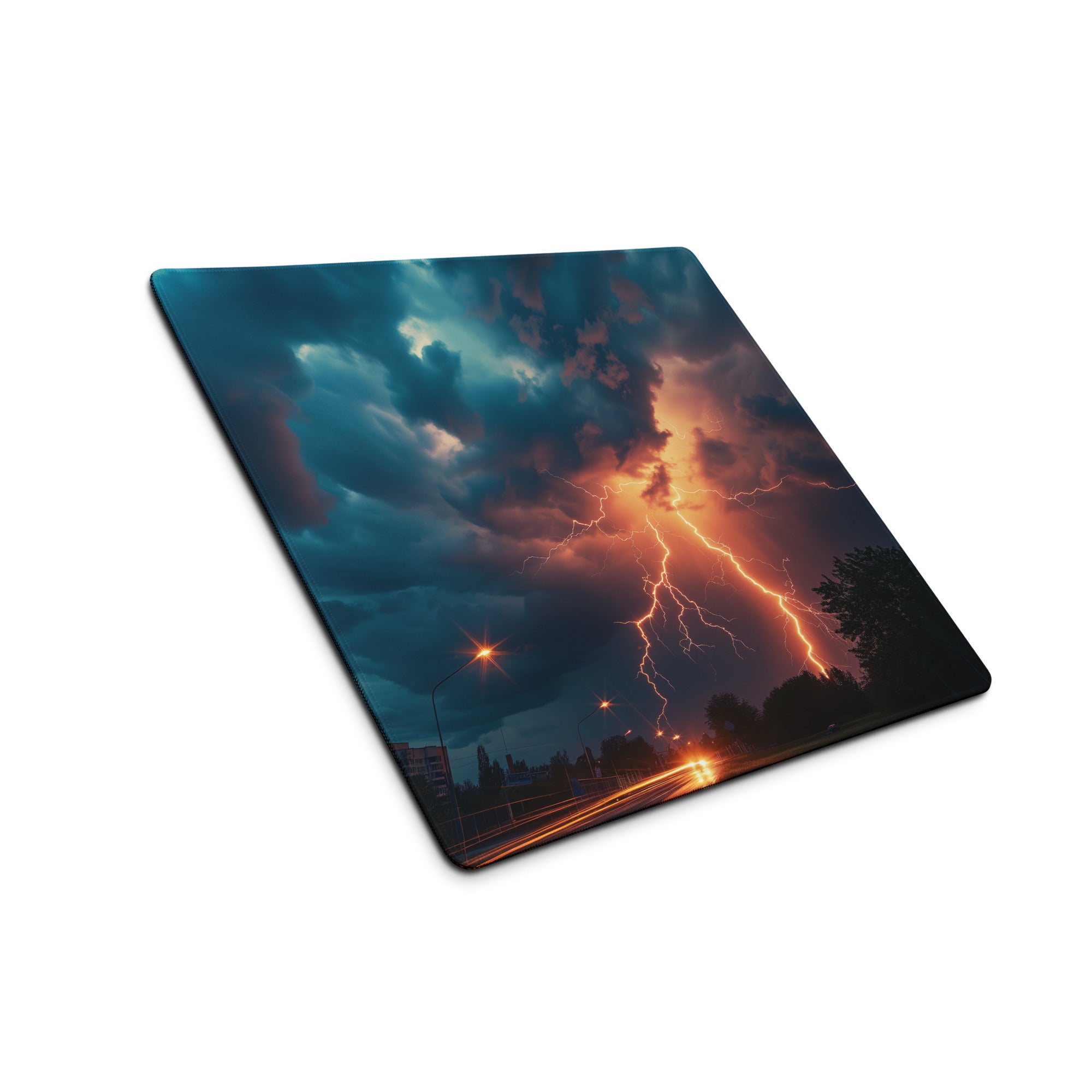 Lightning Storm Gaming Desk Pad - Lightning Storm Blue Orange Desk Mat Dramatic Mood Esports Desk Pad Photo Print