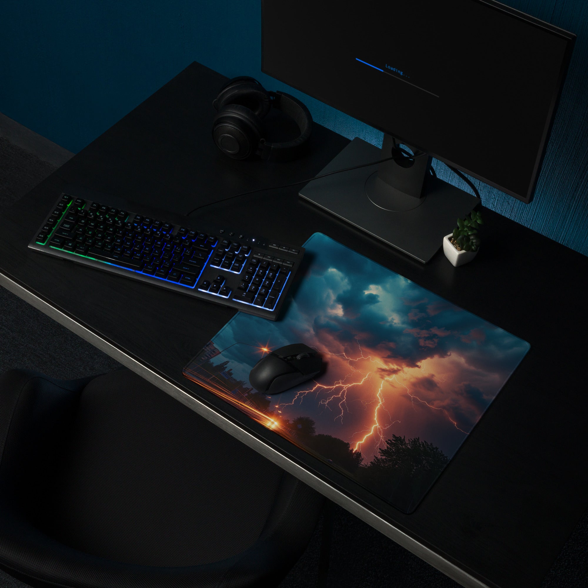 Lightning Storm Gaming Desk Pad - Lightning Storm Blue Orange Desk Mat Dramatic Mood Esports Desk Pad Photo Print