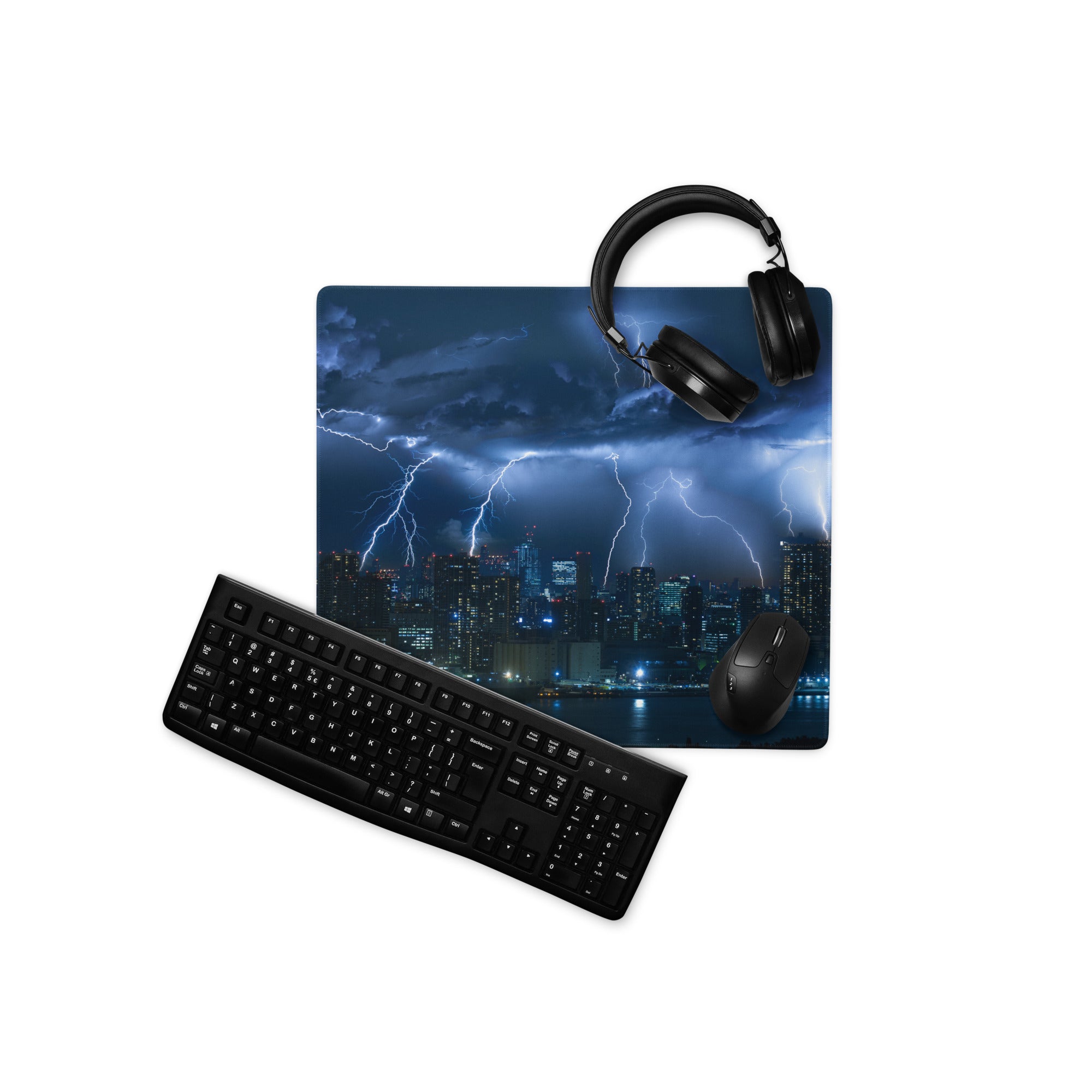 Storm Lightning City Gaming Mouse Pad - Gaming Mouse Pad Blue Photorealistic Dramatic Storm Tech Modern Cityscape Photo