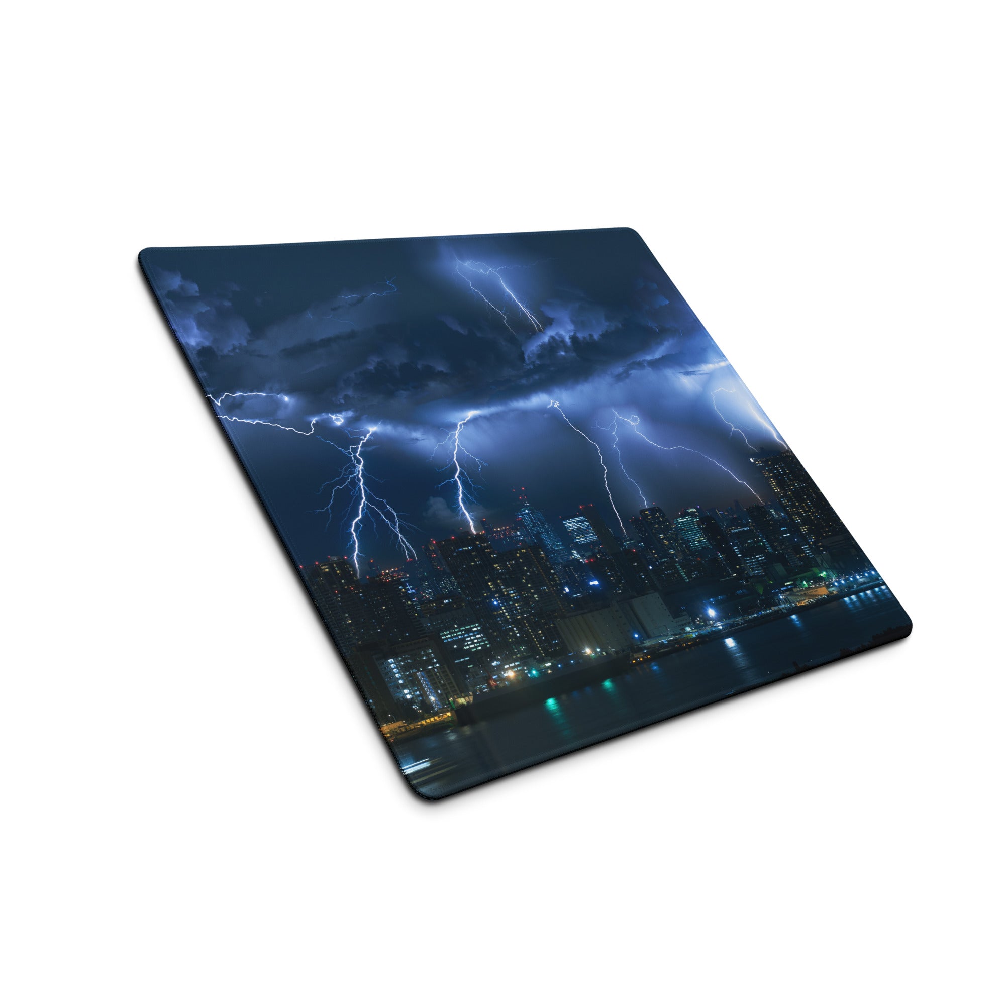 Storm Lightning City Gaming Mouse Pad - Gaming Mouse Pad Blue Photorealistic Dramatic Storm Tech Modern Cityscape Photo