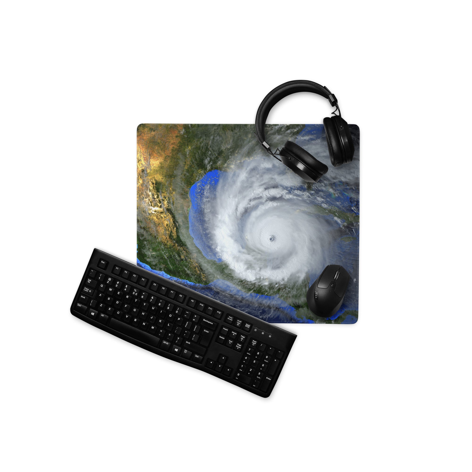 Storm Eye Satellite Desktop Pad - Hurricane Eye Satellite Earth Blue Orange Gray Gaming Desk Art Dramatic Weather Mood