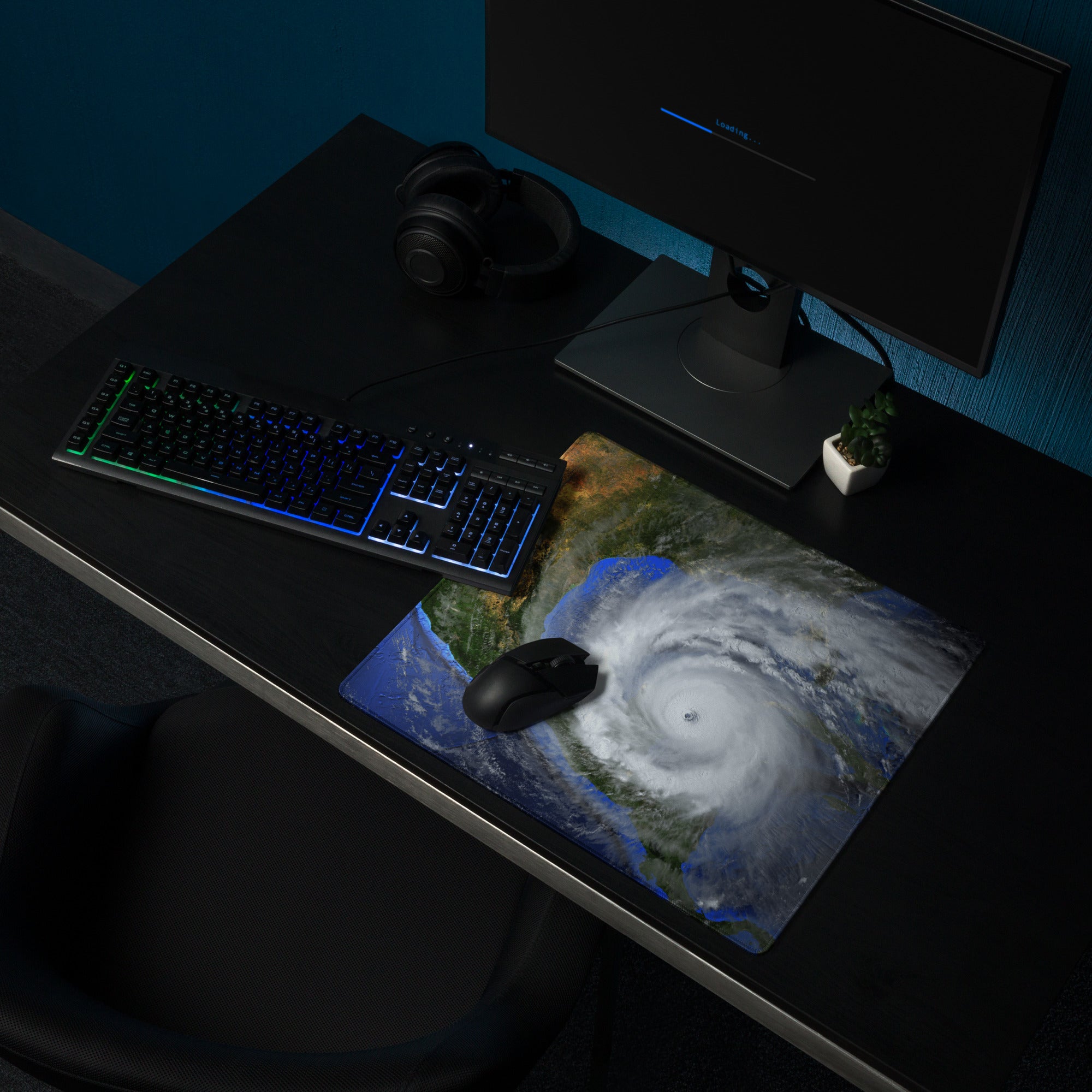 Storm Eye Satellite Desktop Pad - Hurricane Eye Satellite Earth Blue Orange Gray Gaming Desk Art Dramatic Weather Mood