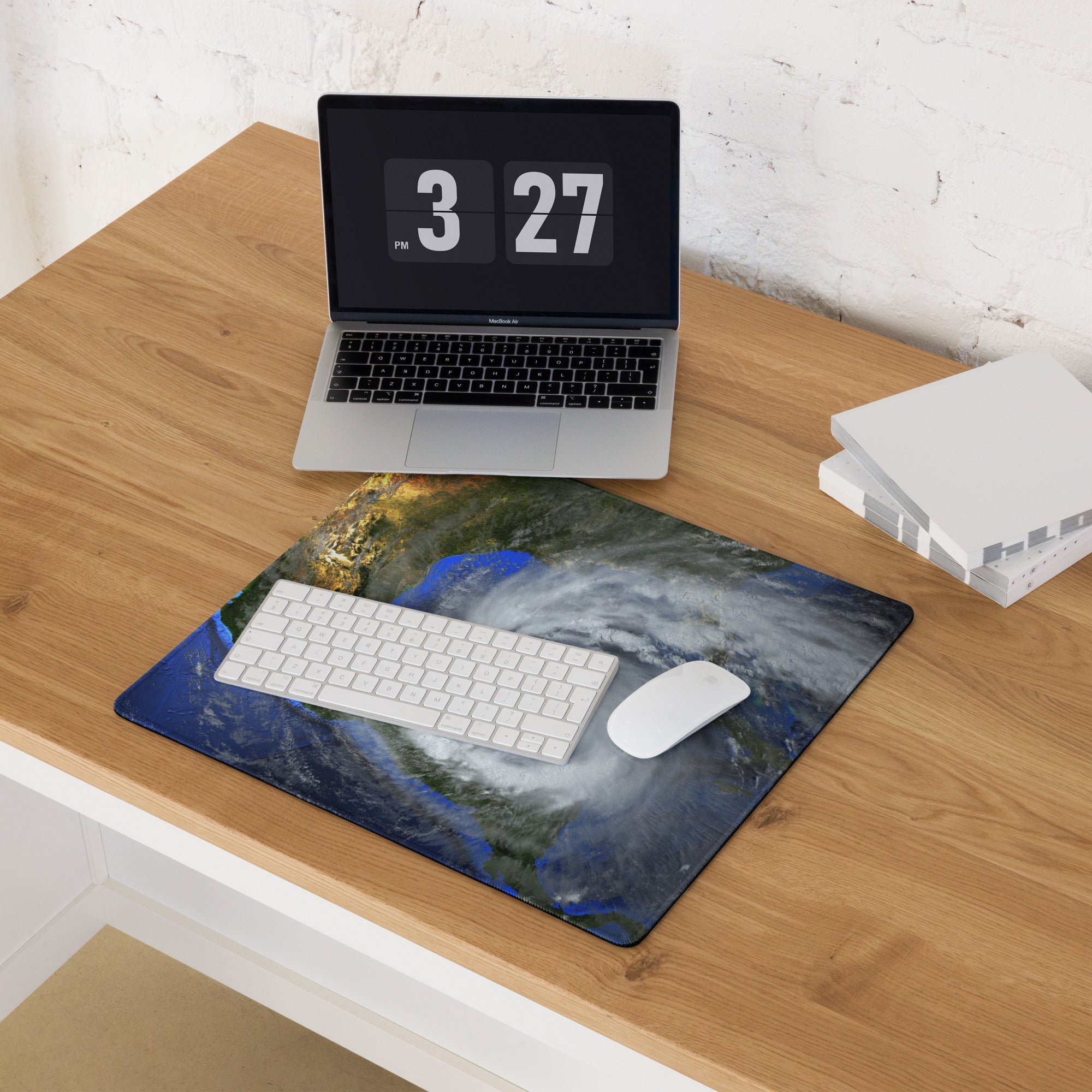 Storm Eye Satellite Desktop Pad - Hurricane Eye Satellite Earth Blue Orange Gray Gaming Desk Art Dramatic Weather Mood